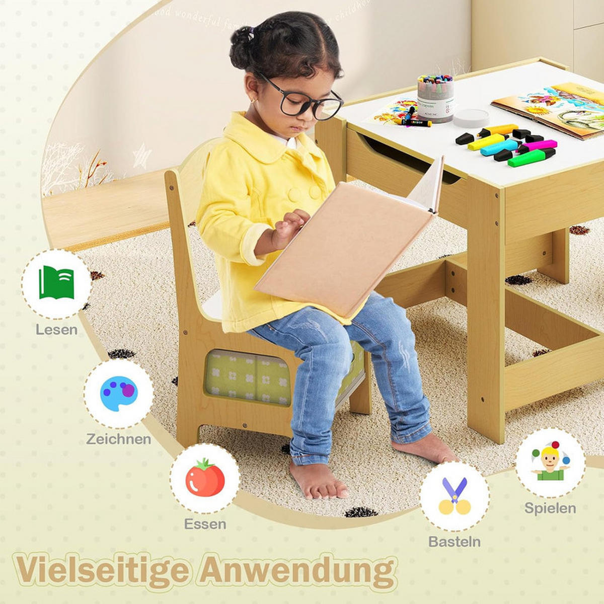 KINDERSITZ‑SET mit Stuhl grün(3-tlg) - Grün, Holzwerkstoff (62/48/62cm) - COSTWAY