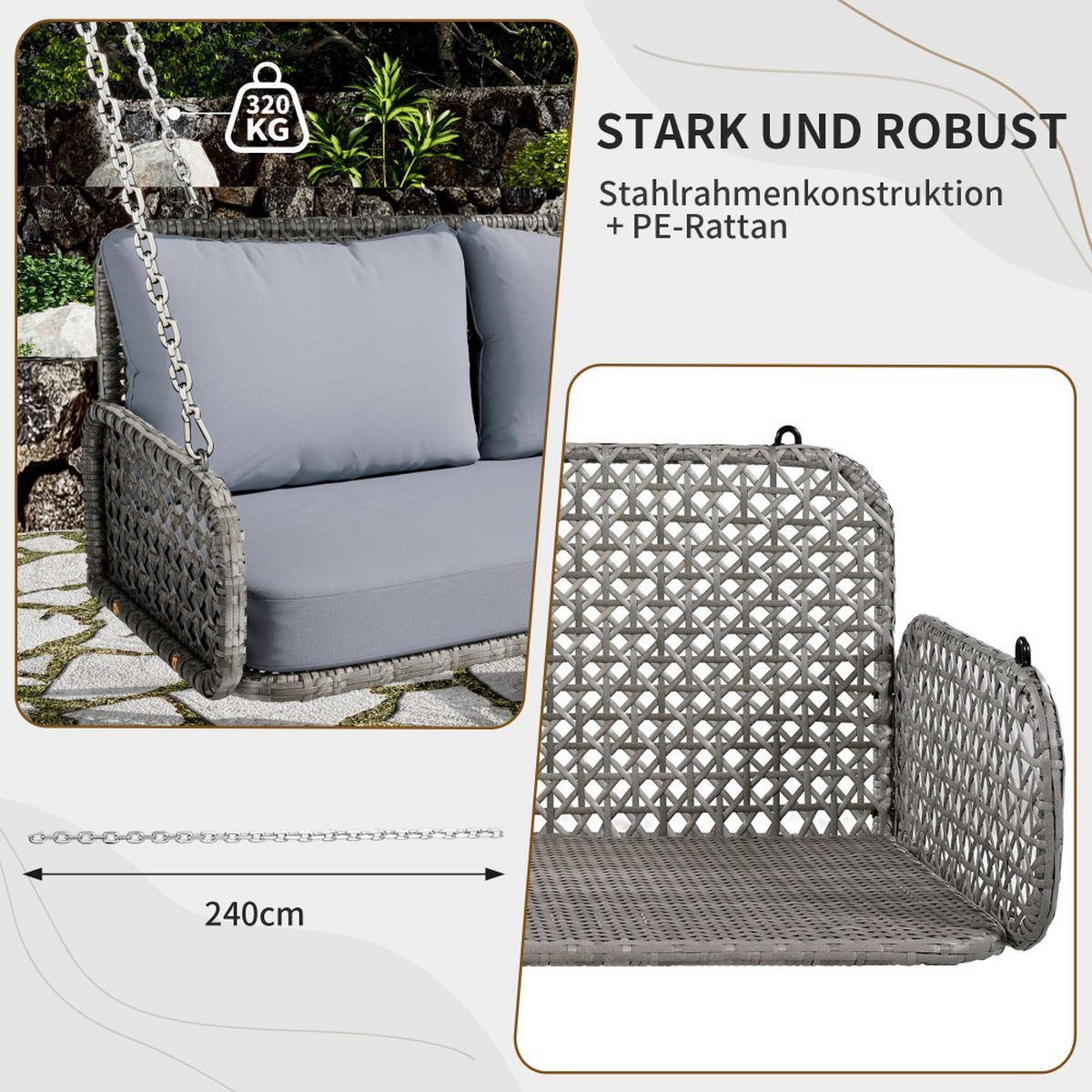 HÄNGESCHAUKEL PE-Rattan-Schaukel-Doppelsitz mit Kissen und 2 Ketten (240 cm/Stück) - Grau, Textil (54/48/108cm) - KOMHTOM