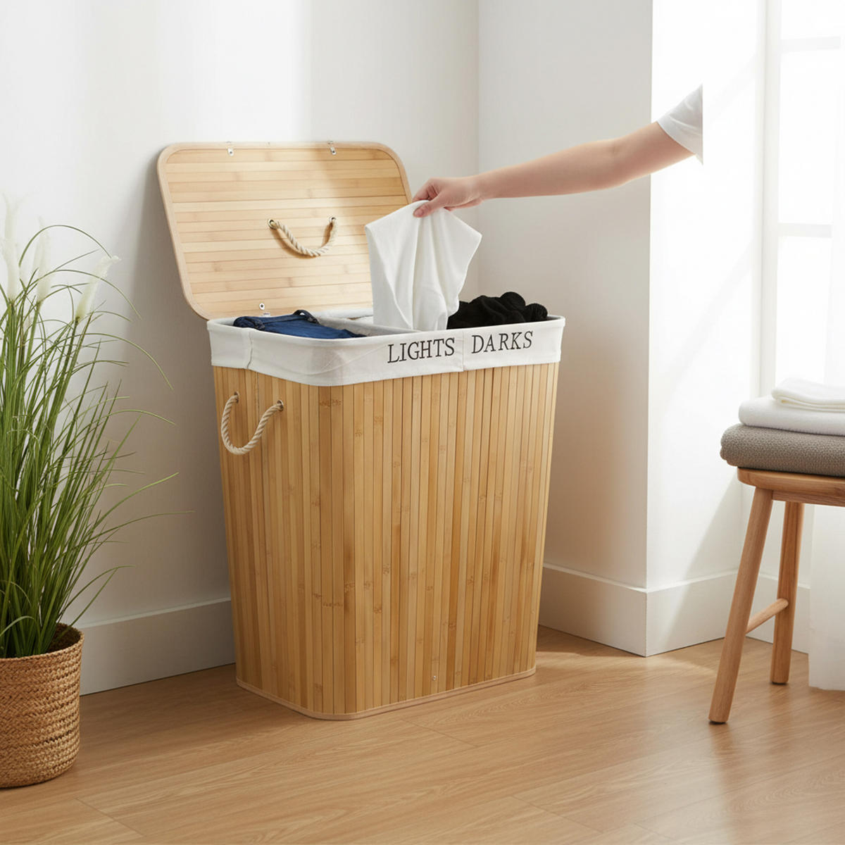 WÄSCHEKORB Bambus - Hellbraun, Holz/Textil (52/63/32cm) - Relaxdays