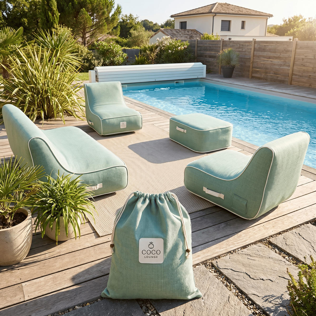 GARTENSET 4-tlg. Grün - Mintgrün/Grün, Kunststoff/Textil - Coco Lounge