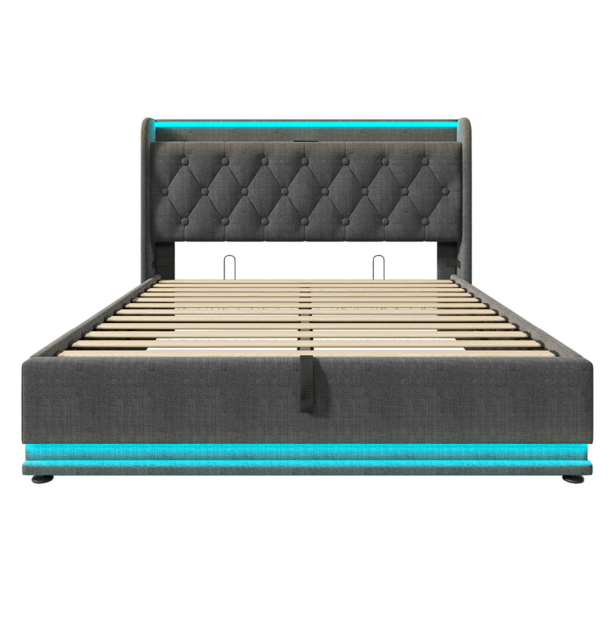 POLSTERBETT 140/200 cm mit LED-Beleuchtung, USB- und USB-C-Anschluss, hydraulischem Bettkasten und Kopfteilablagen, Grau - Grau, Textil (140/200cm) - Redom