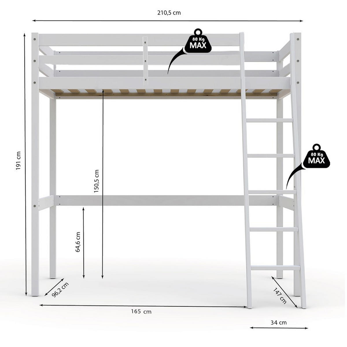 HOCHBETT STUDIO mit Lattenrost / Hochbett 90x200 - Weiß - Weiß, Holz (90/200cm) - Weber Industries