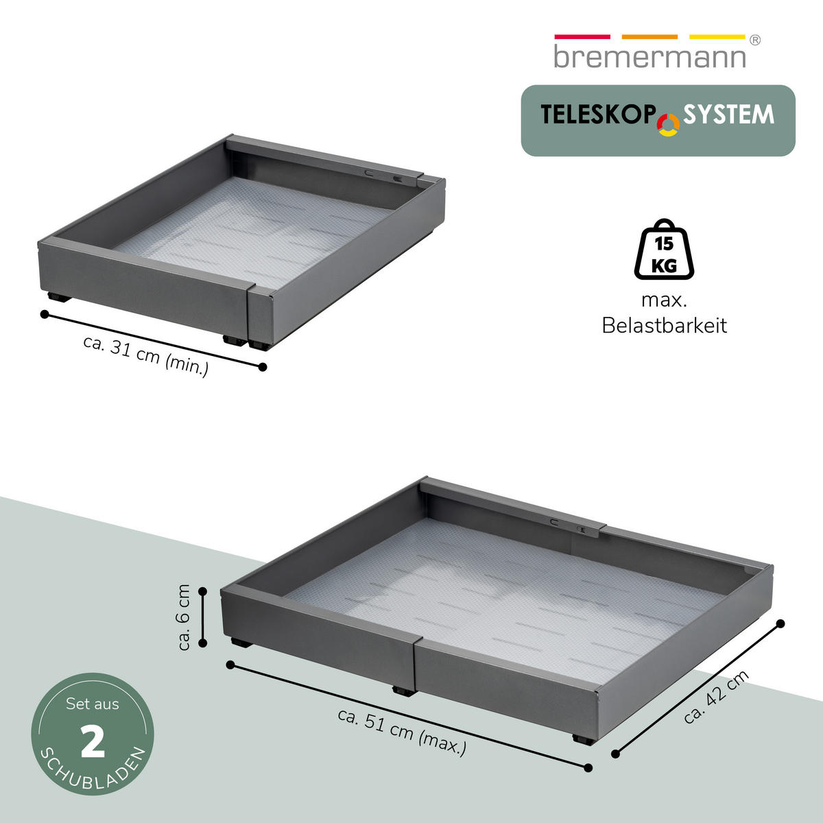 TELESKOPSCHUBLADEN (2er Set), ausziehbar, Metall, grau - Grau, Metall (51/6/42cm) - bremermann