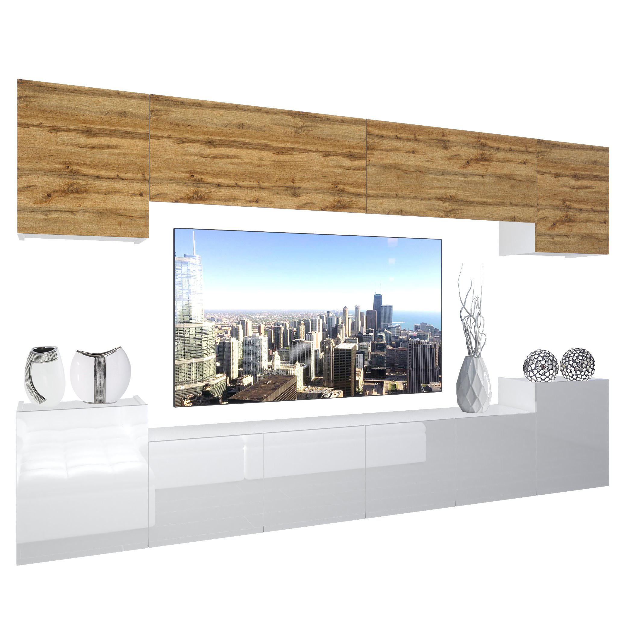 WOHNZIMMERWAND Schrankwand mit LED Eiche Wotan Top / Weiß - Eiche Wotan/Weiß, Holz (300/180/36cm) - B BELINI GROUP