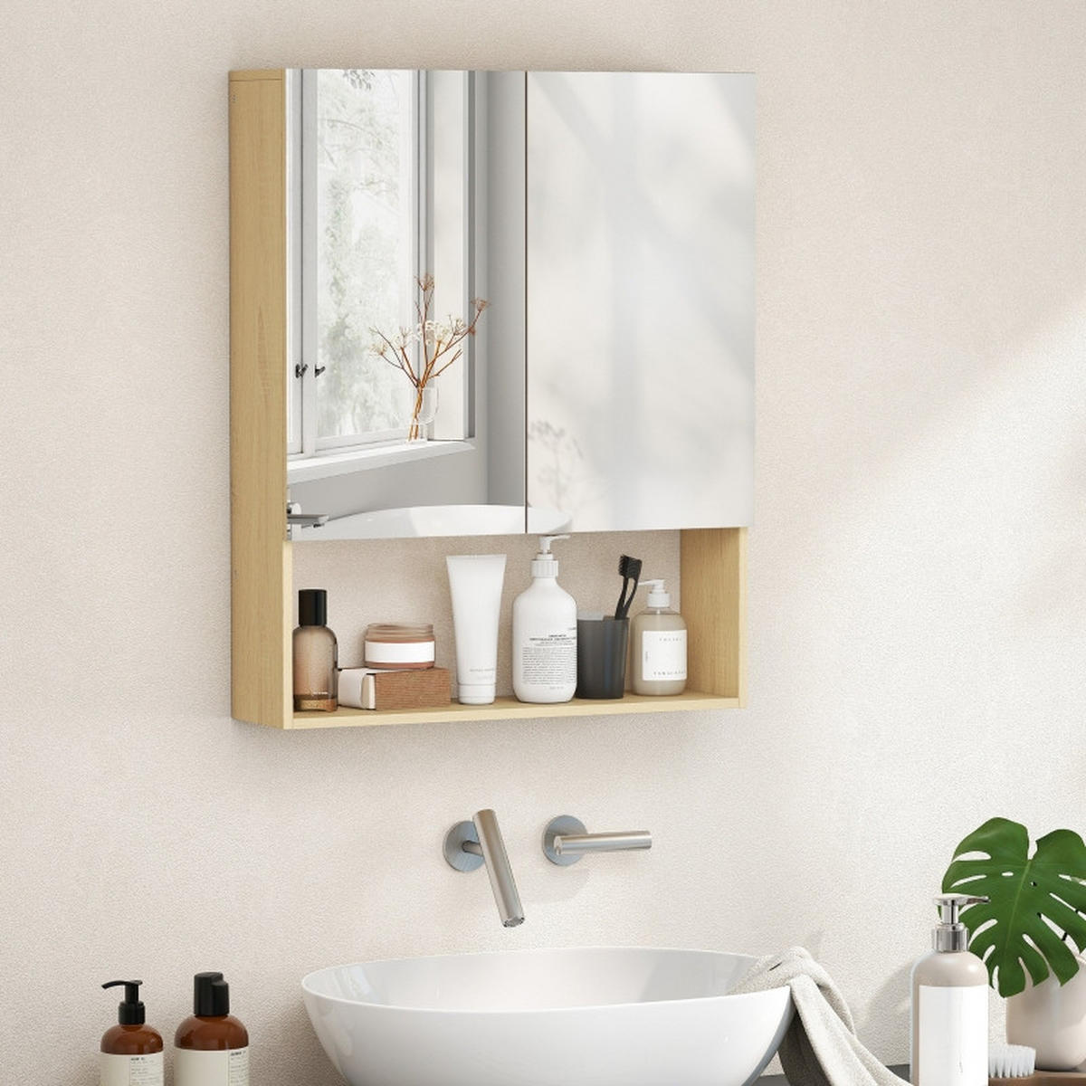 BADEZIMMER Hängeschrank 60x16.6x75 cm Eiche mit Doppelspiegel & verstellbarem Regal - Eichefarben, Glas (60/75/16.6cm) - Modfu