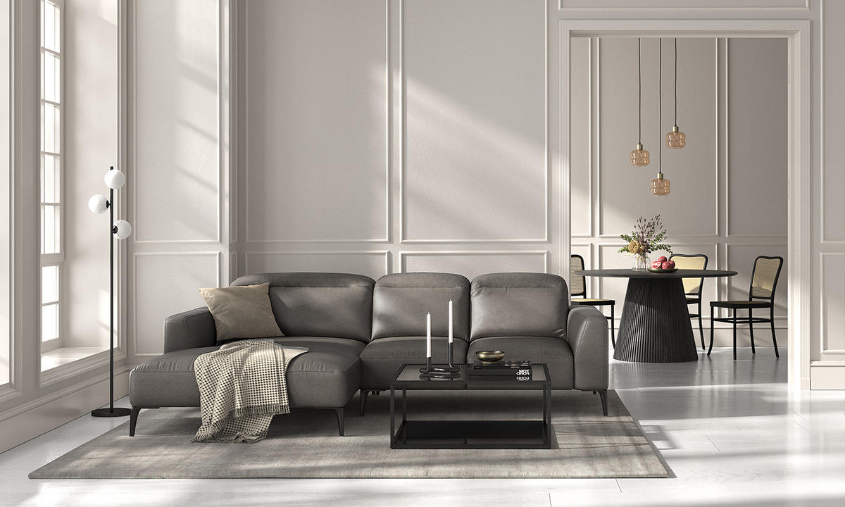 ECKSOFA mit Longchair - Schwarz/Grau, Leder/Metall (265/180cm) - home24