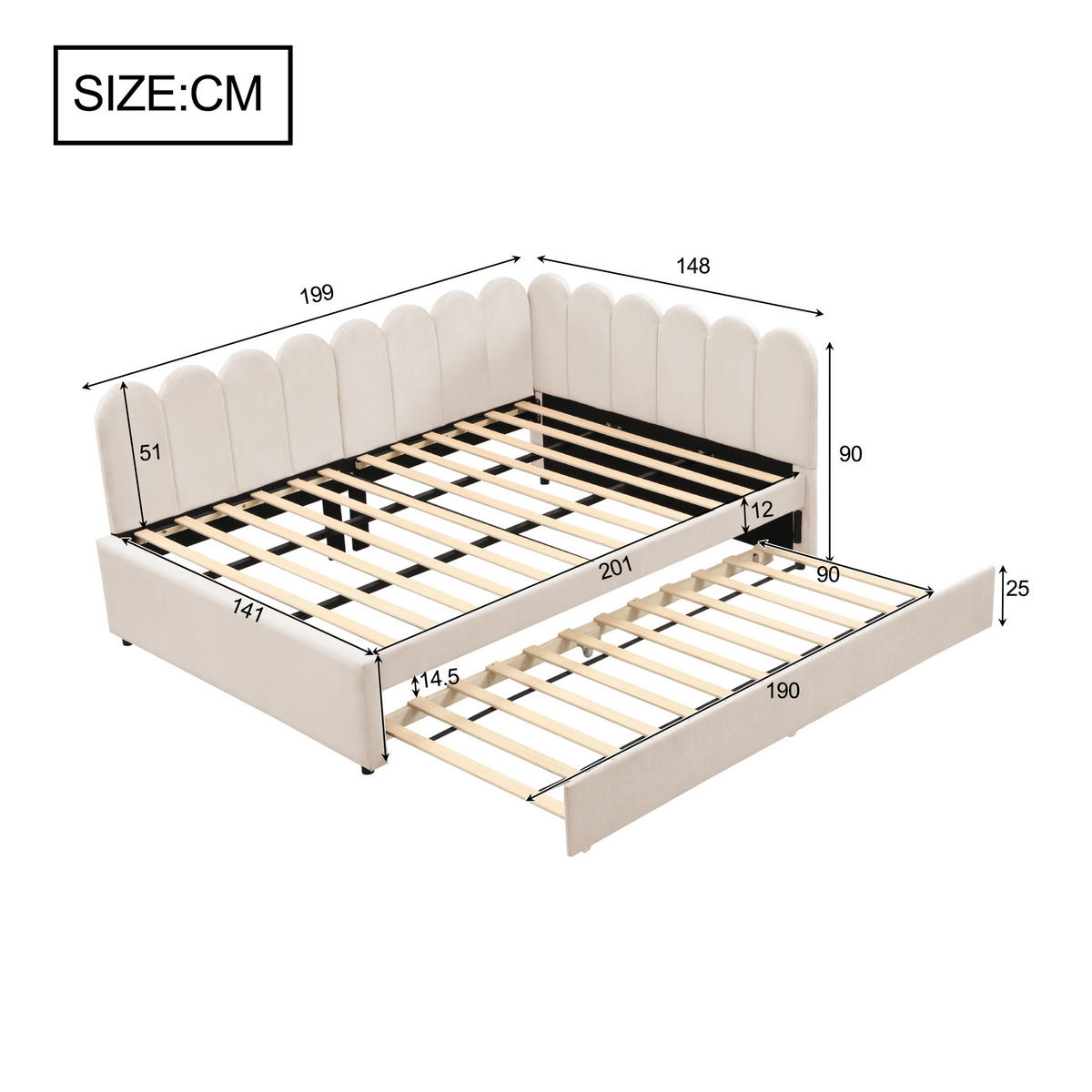 AUSZIEHBETT 140/230/200 cm DE-02037, in Beige, mit L-Form - Beige, Metall (140/200cm) - ComfortXL