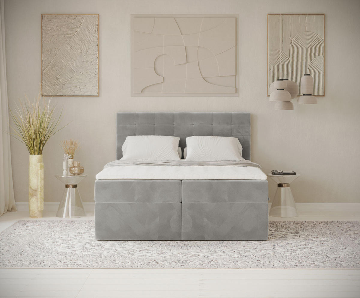 BOXBETT Sansa Grau 120/200 cm mit Taschenmatratze und Topper - Schwarz/Grau, Holz/Holzwerkstoff (120/200cm) - Maison de Reve