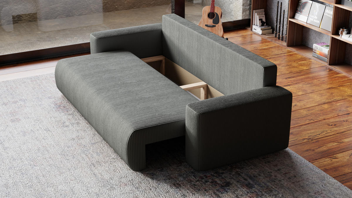 SOFA Bubi mit Bettkasten und Schlaffunktion, Cordstoff - Grau, Holzwerkstoff (242/85/95cm)