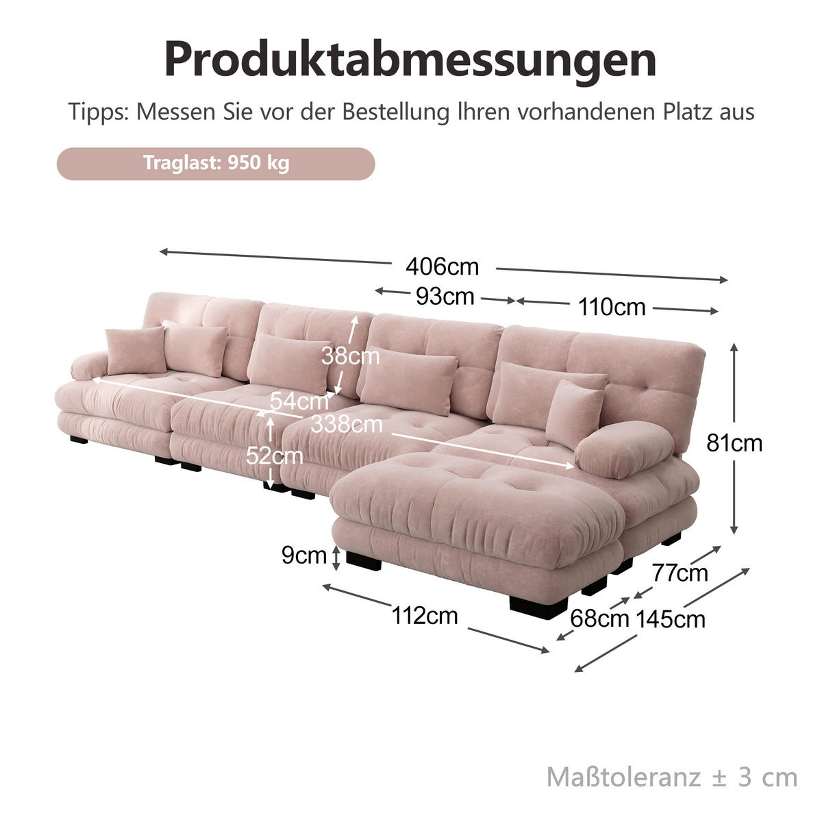 ECKSOFA 406/145/81 cm Rosa mit beweglichem Ottoman - Rosa, Textil (406/145cm) - Oxeza