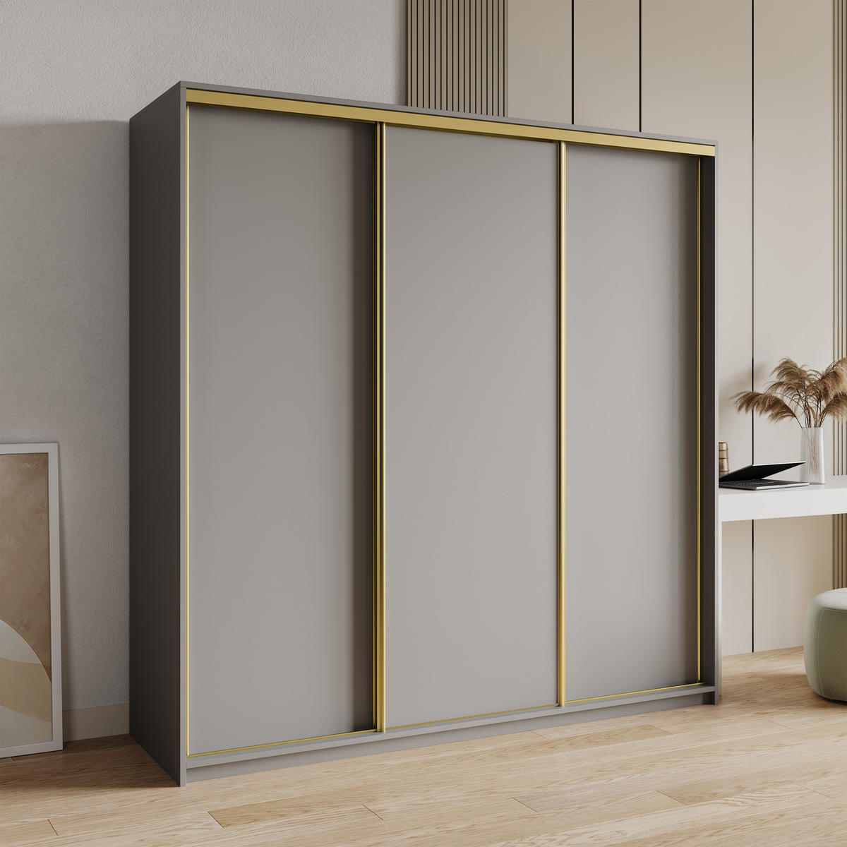 SCHWEBETÜRENSCHRANK NISSE 200/205/60 cm 3-türig Graphitfarben - Graphitfarben, Holzwerkstoff (200/205/60cm) - MASSENO