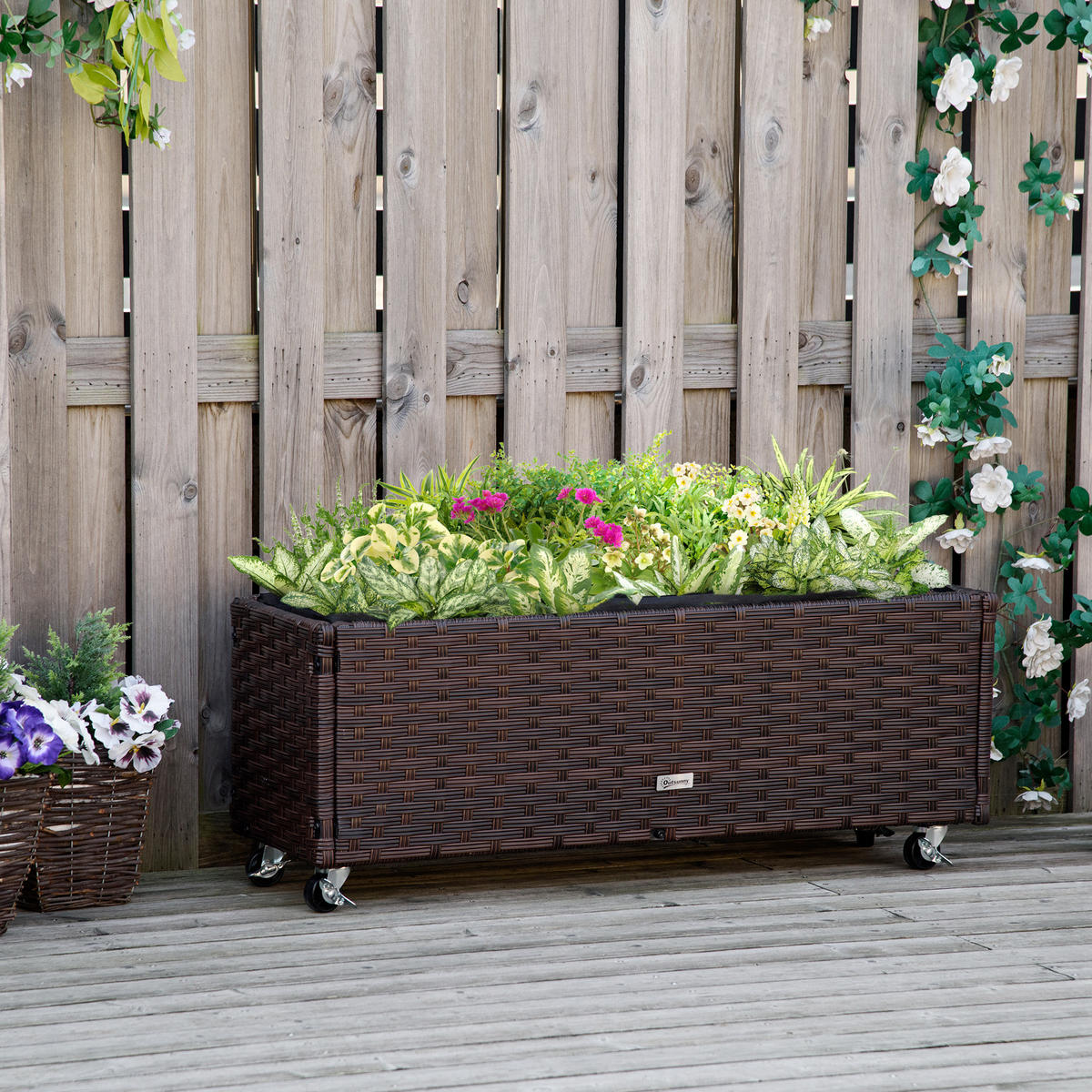 HOCHBEET DE-07783 mit Rollen, Poly Rattan, Abflusslöchern Kaffee-Braun - Braun, Kunststoff (94.5/36/31cm) - ComfortXL
