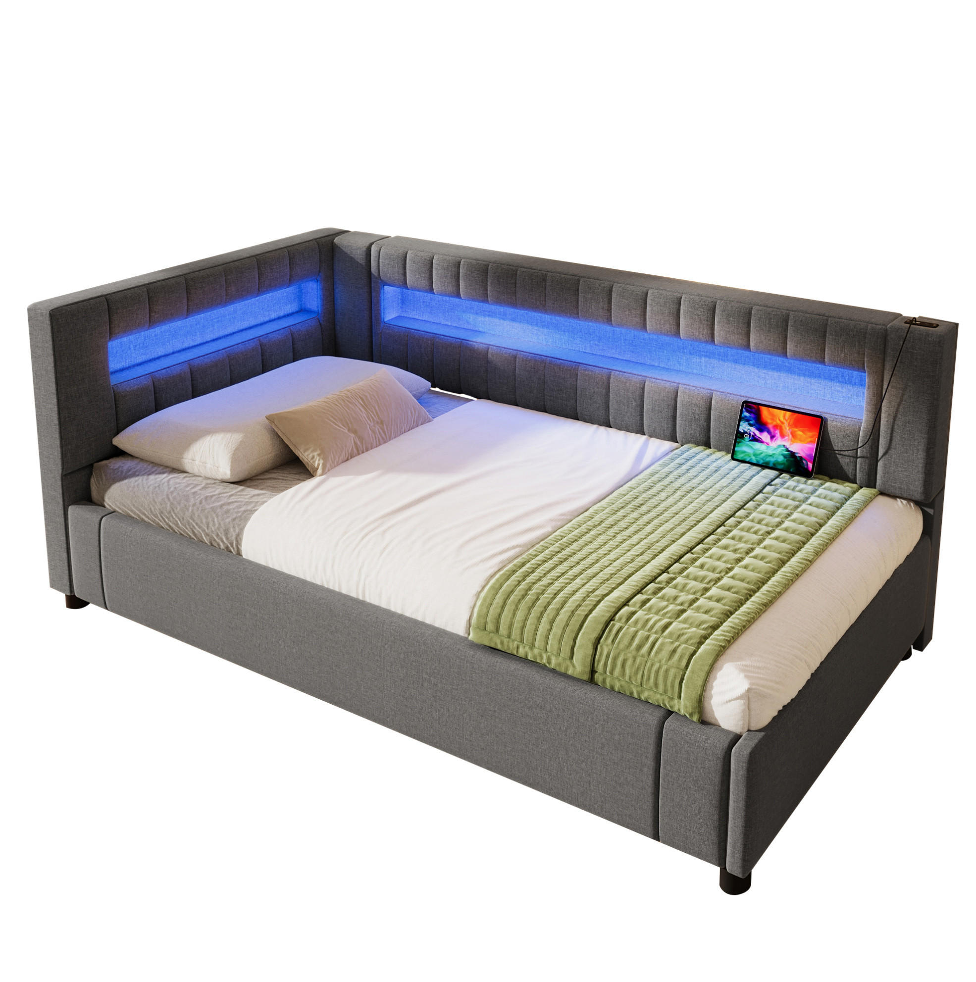 KINDERBETT aus Leinen 90x200 cm in Grau mit LED-Beleuchtung & USB-C - Grau, Textil (90/200cm) - Modfu