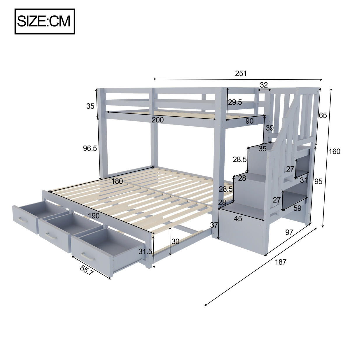 ETAGENBETT Jugend Grau - Grau, Holz (90/200cm) - ComfortXL
