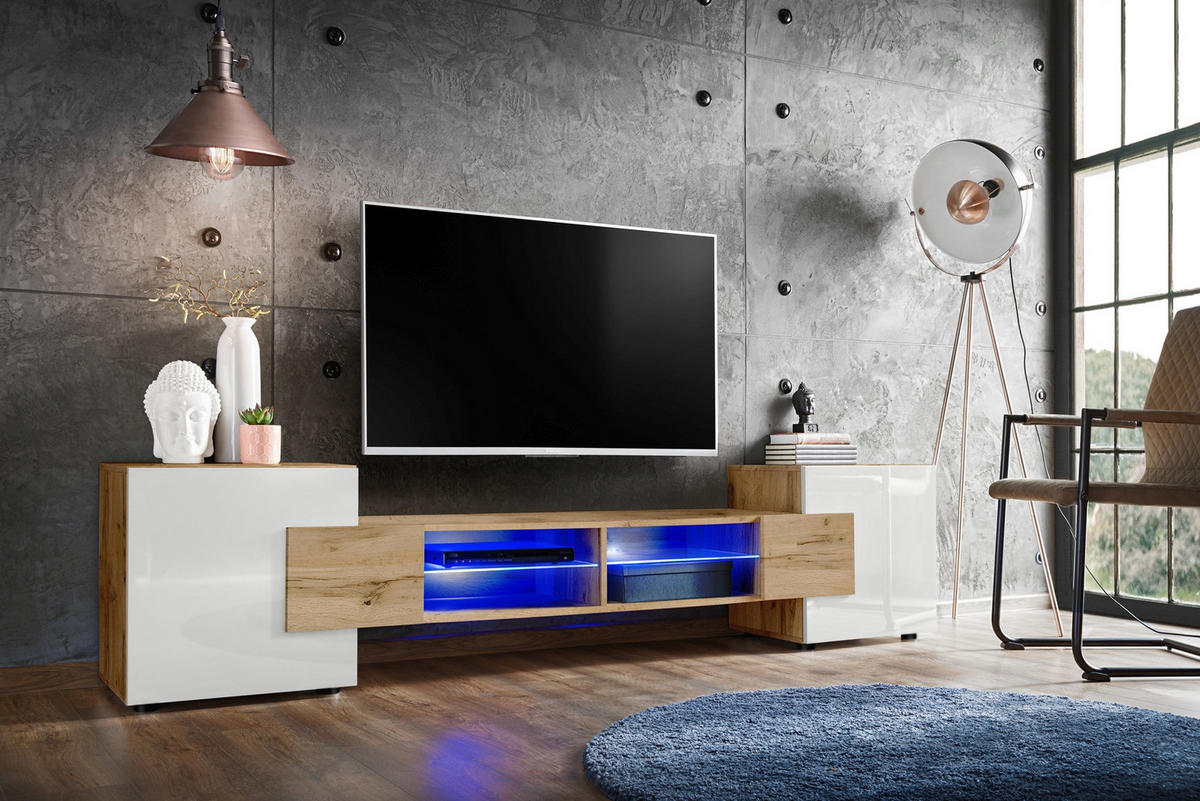 LOWBOARD MERANO Eiche Wotan, Blau LED Beleuchtung - Eiche Wotan/Weiß, Glas/Holzwerkstoff (230/52.5/35cm) - Komodee