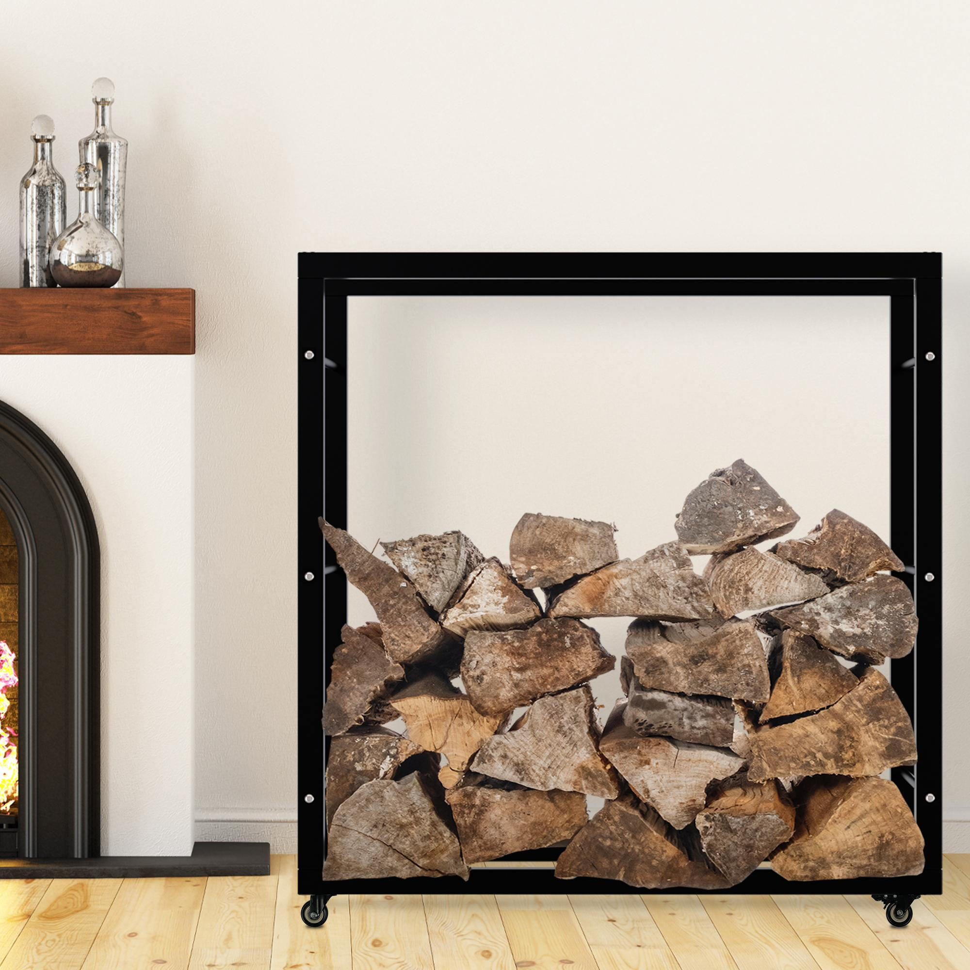 KAMINHOLZREGAL innen Metall SATLO Kaminholzständer mit Rollen Schwarz 25x100x100 cm - Schwarz, Metall (100/100/25cm) - DELUKE