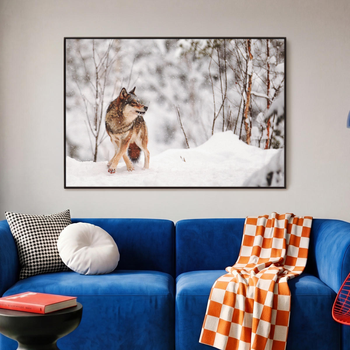 LEINWAND Bilder mit Rahmen - Wolf - Winter - Schnee - Natur - Tiere - 90x60 - Haselnussfarben, Textil (90/60cm) - MuchoWow