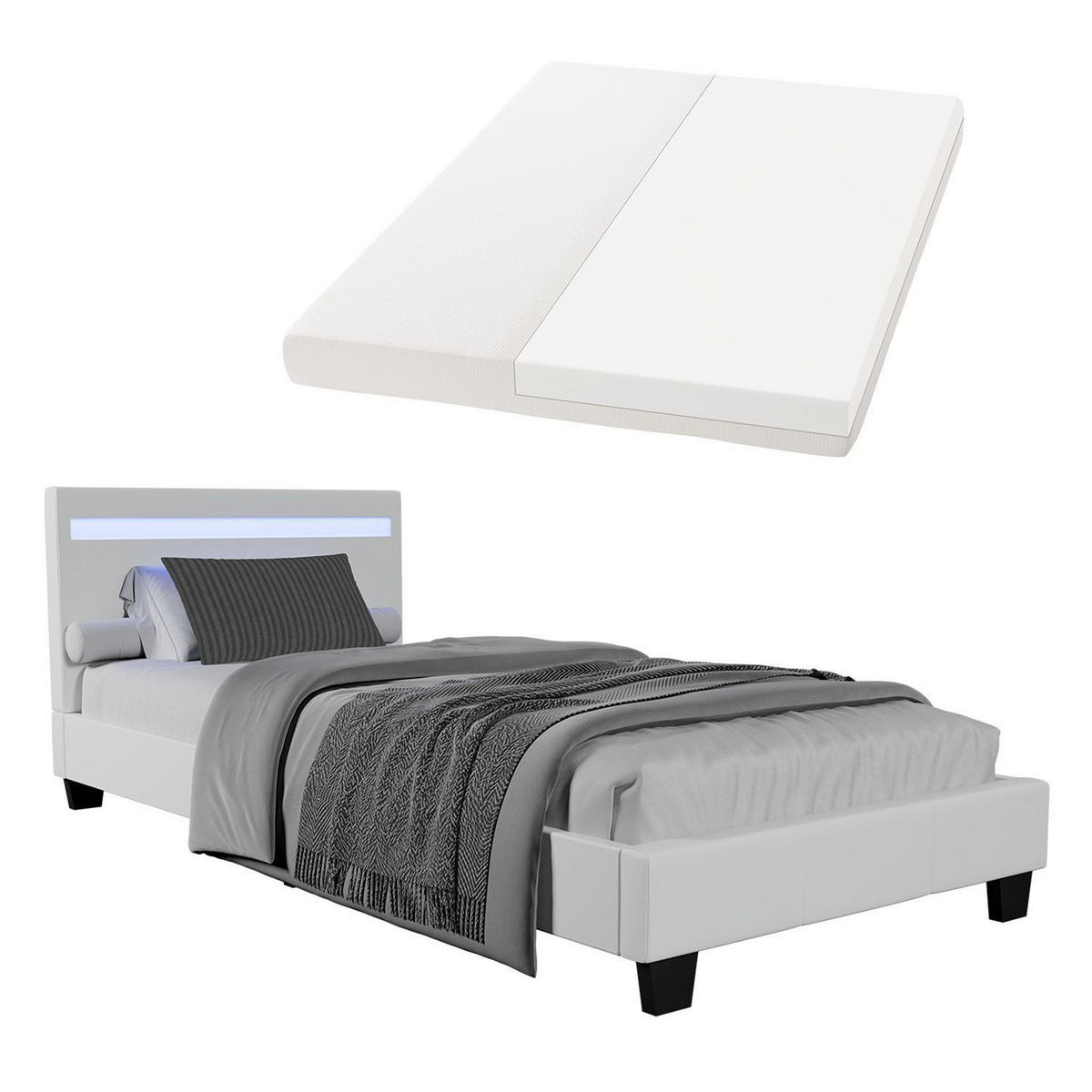 POLSTERBETT Verona mit Matratze und LED weiß 90x200cm - Weiß, Textil (90/200cm) - Juskys