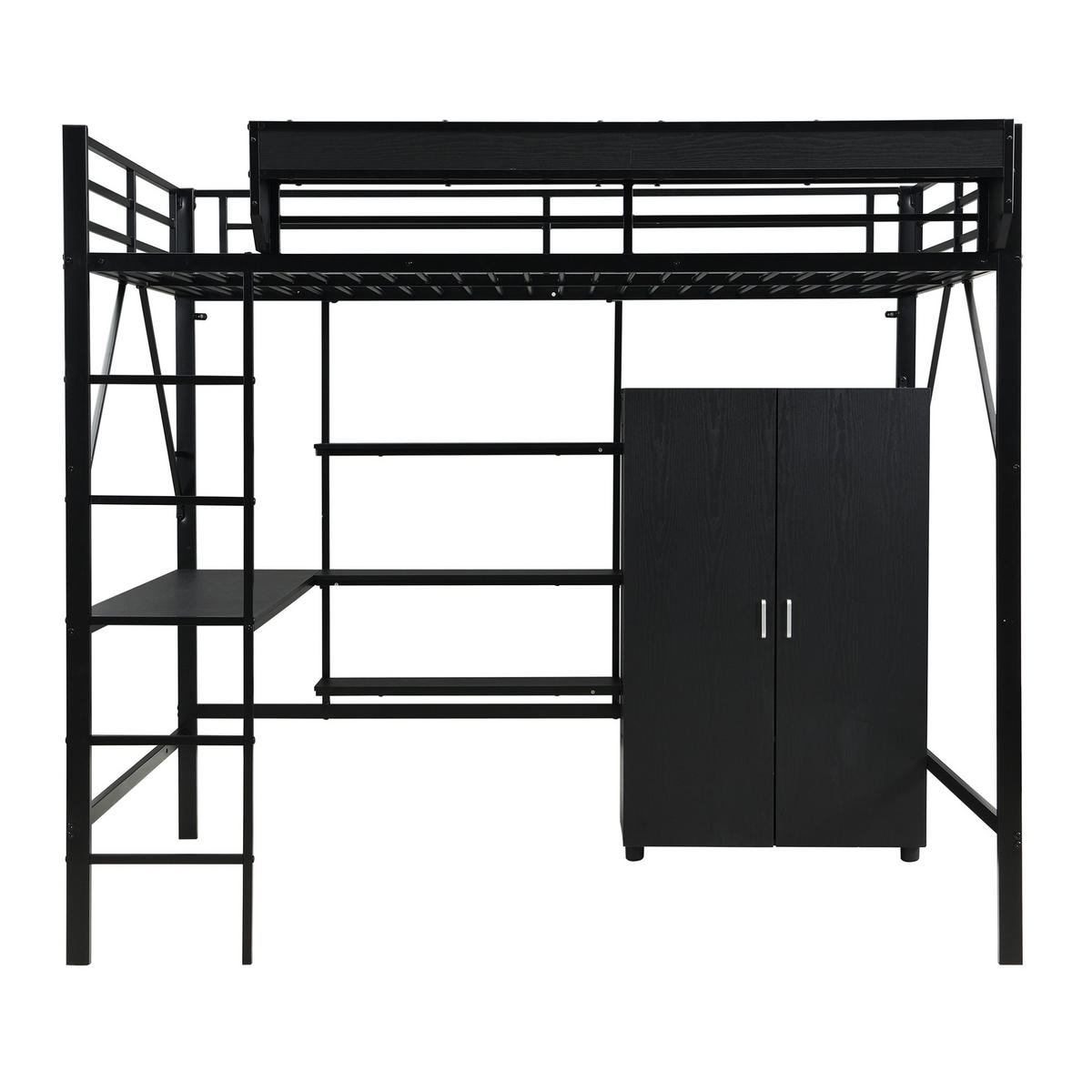 HOCHBETT 140/200 cm mit Schreibtisch, Kleiderschrank, Ablage und viel Stauraum, Schwarz - Schwarz, Holzwerkstoff (140/200cm) - Redom