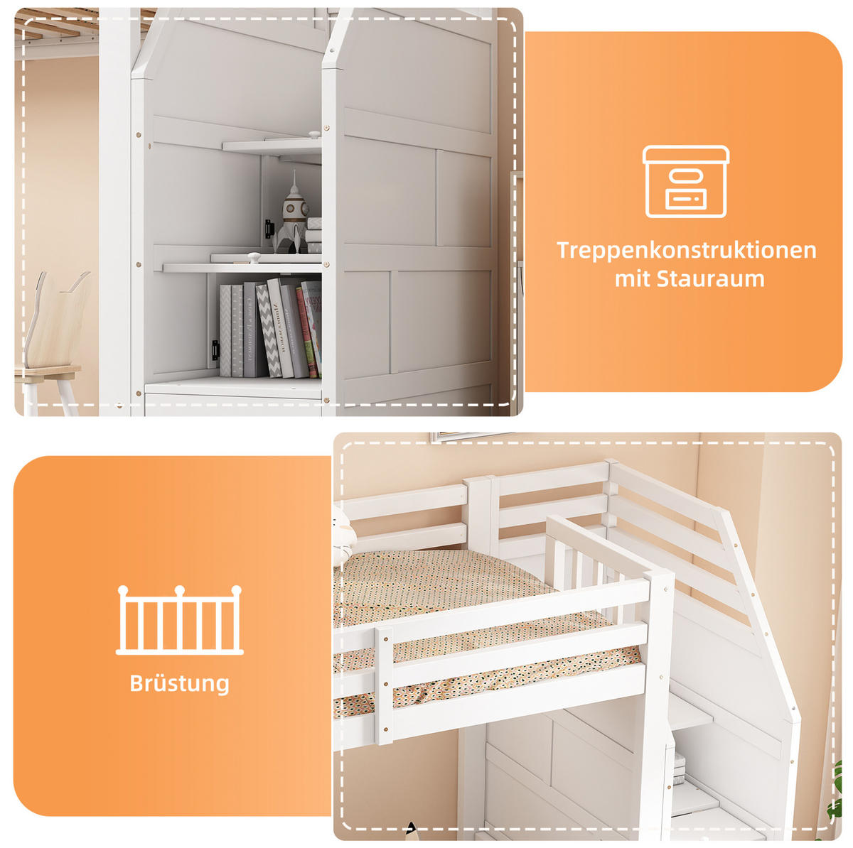 HOCHBETT 90/200 cm weiß aus Kiefernholz und MDF mit Stauraumtreppe - Weiß, Holzwerkstoff (90/200cm) - OKWISH