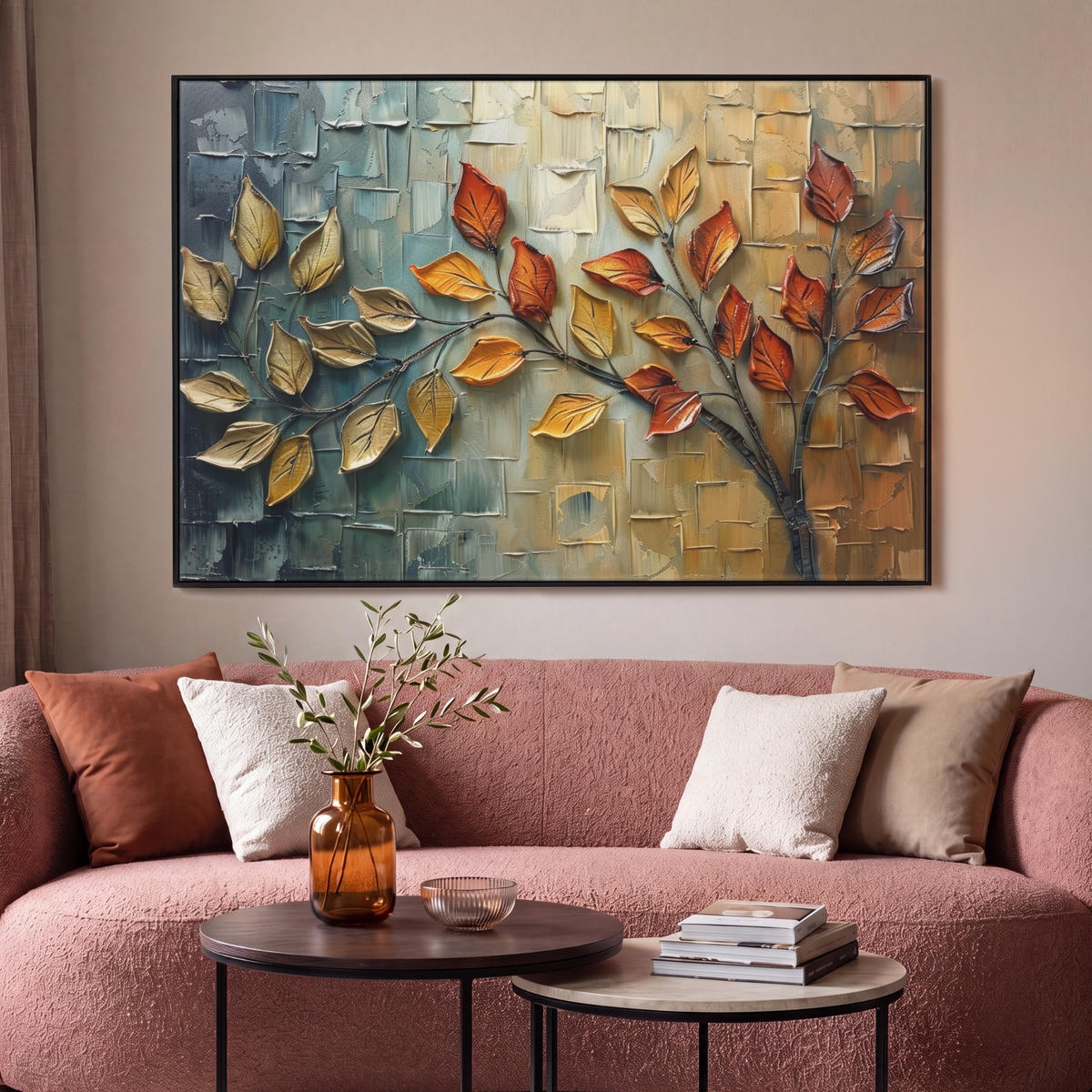 LEINWAND Bilder mit Rahmen - Baum - Abstrakt - Natur - Kunst - 140x90 - Goldfarben, Textil (140/90cm) - MuchoWow