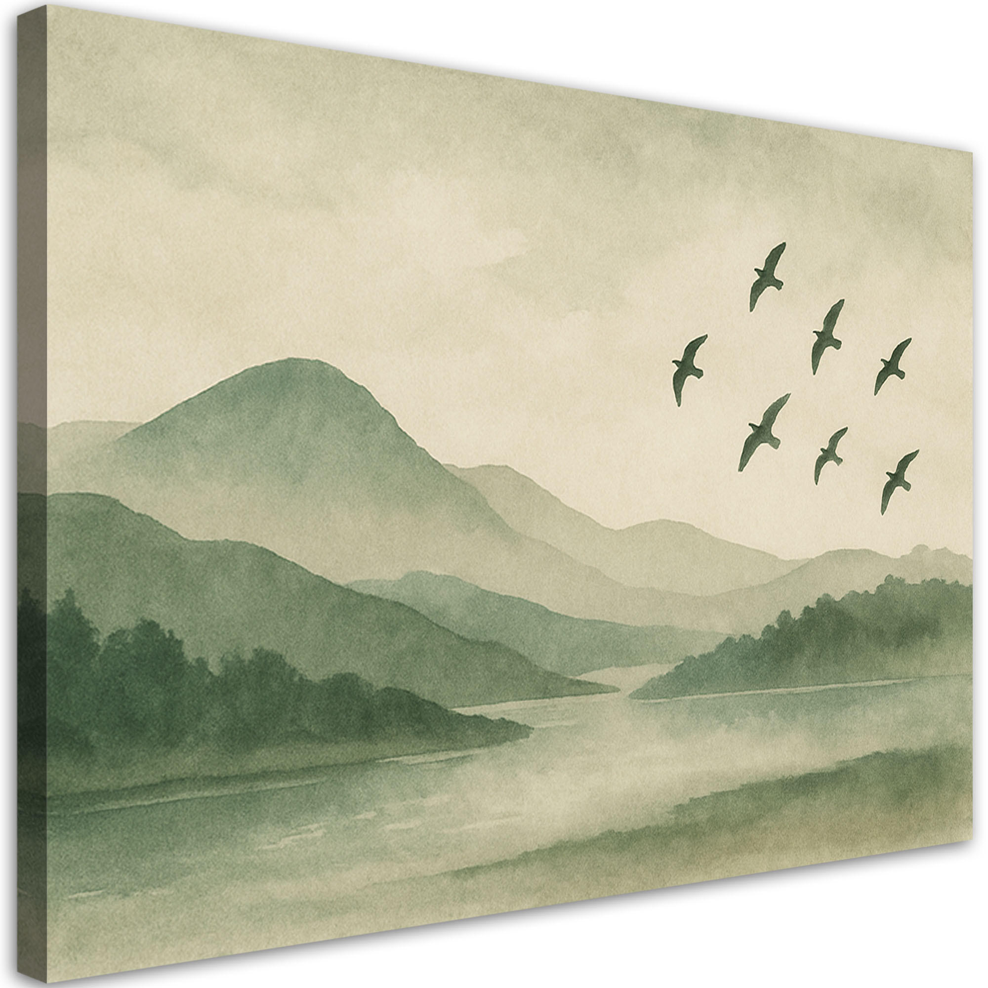 LEINWANDBILD Berge Fluss Vögel Aquarell Grün Nebel 100x70cm - Grün, Textil (100/70cm) - Feeby