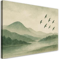 LEINWANDBILD Berge Fluss Vögel Aquarell Grün Nebel 100x70cm - Grün, Textil (100/70cm) - Feeby