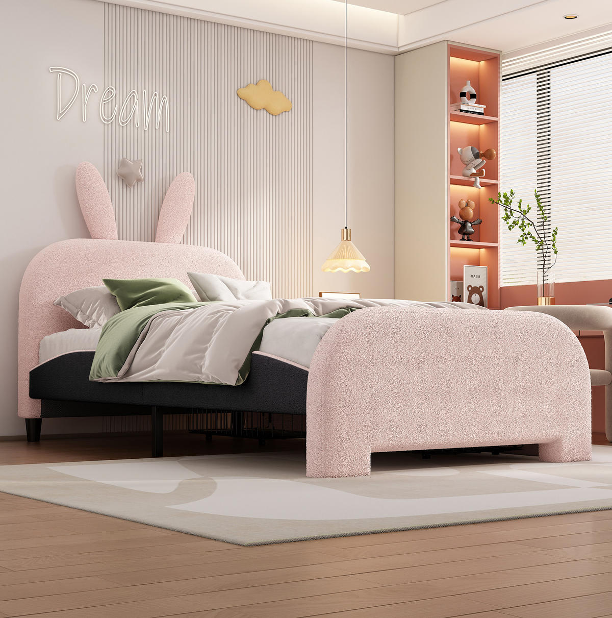 BETT 90/200 cm in Rosa mit Kaninchen-Kopfteil & 2 Schubladen - Rosa, Textil (90/200cm) - BEAOK