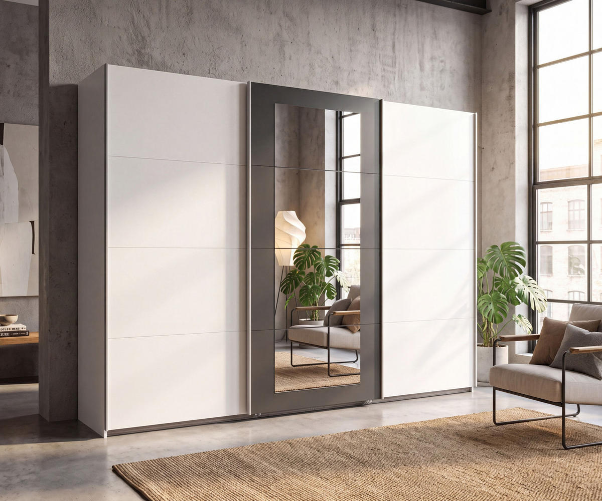 SCHWEBETÜRENSCHRANK 3-türig B313/H208/64 cm Kleiderschrank in Weiß, Spiegel umrahmt in Grafit, Griffe Weiß / 22632 - Weiß, Holzwerkstoff/Metall (313/208/64cm) - luma-home