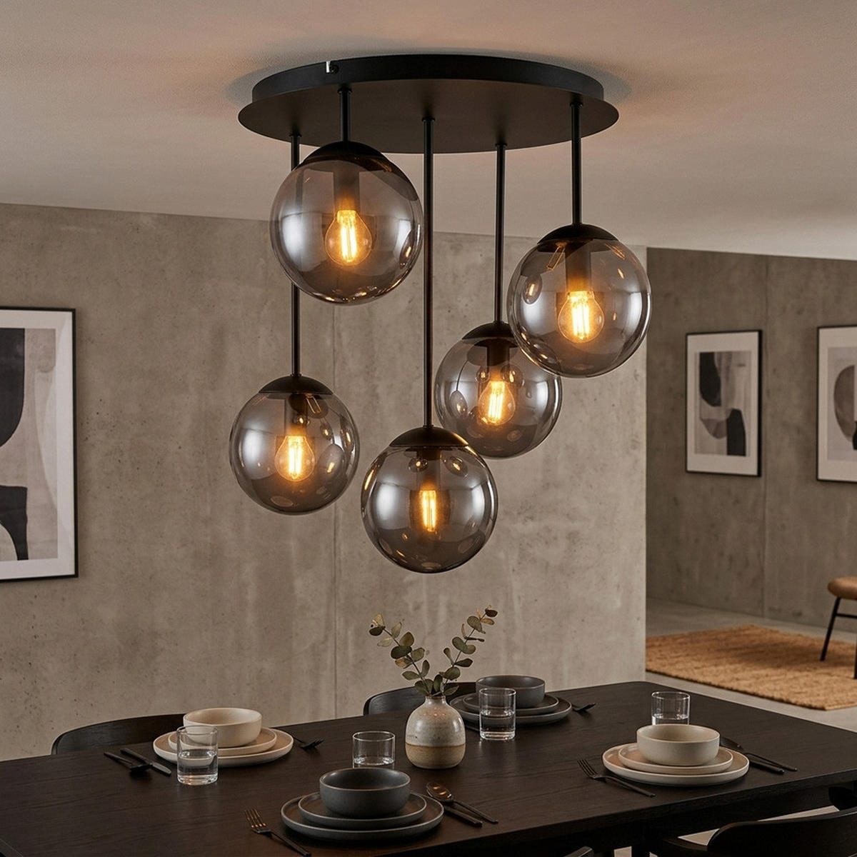 DECKENLEUCHTE HARMON Metall, Schwarz, 5-flammig - Anthrazit, Glas (38/38/51cm) - Globo Lighting