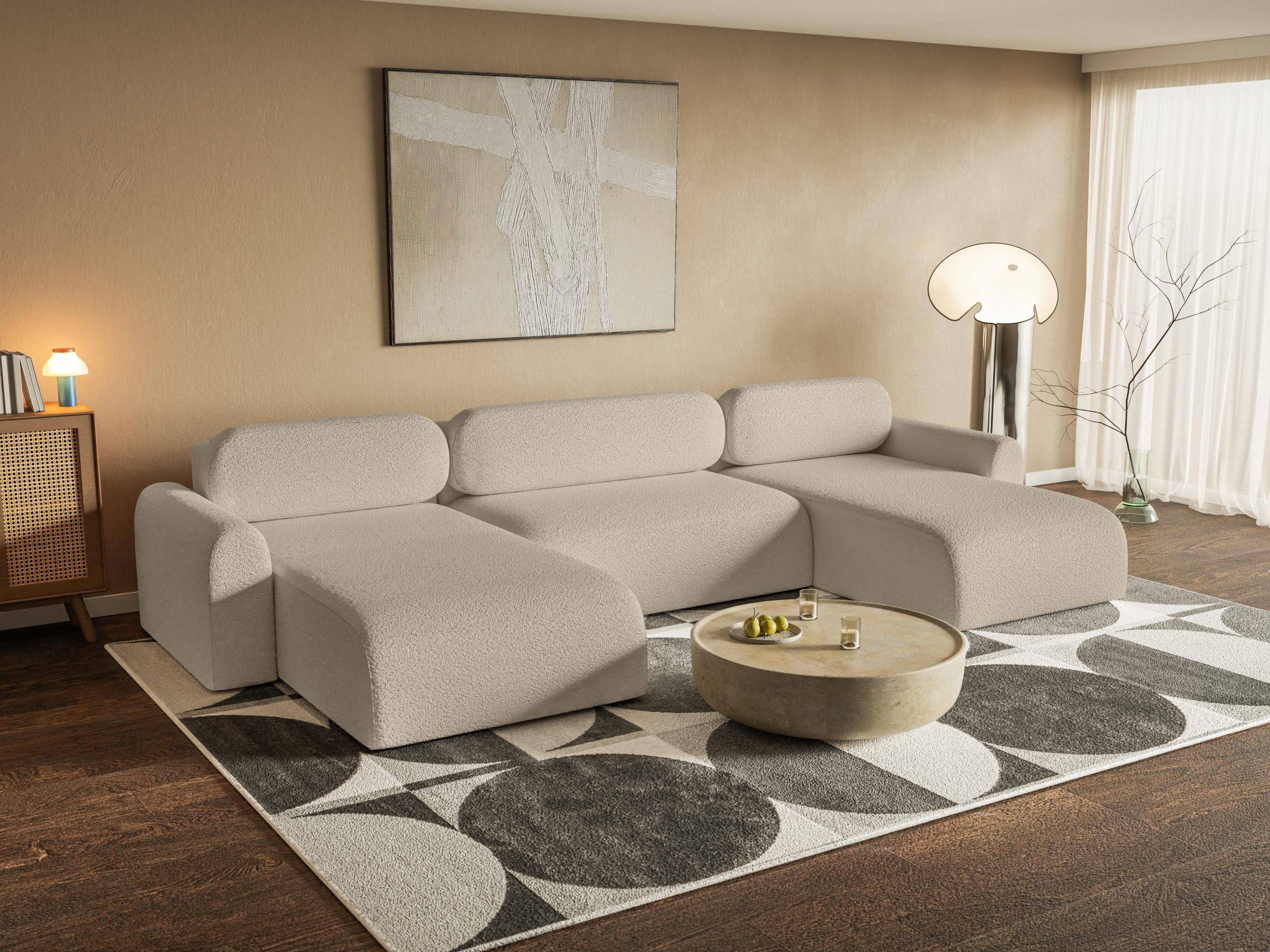 WOHNLANDSCHAFT Lome U mit Schlaffunktion, Beige - Beige, Textil (386/70/185cm) - Fedve