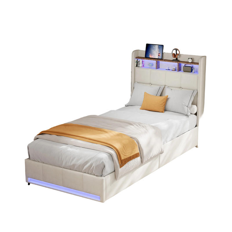 SHOPENTRA ČALOUNĚNÁ postel 90x200 cm béžová LED USB Type-C 4 zásuvky