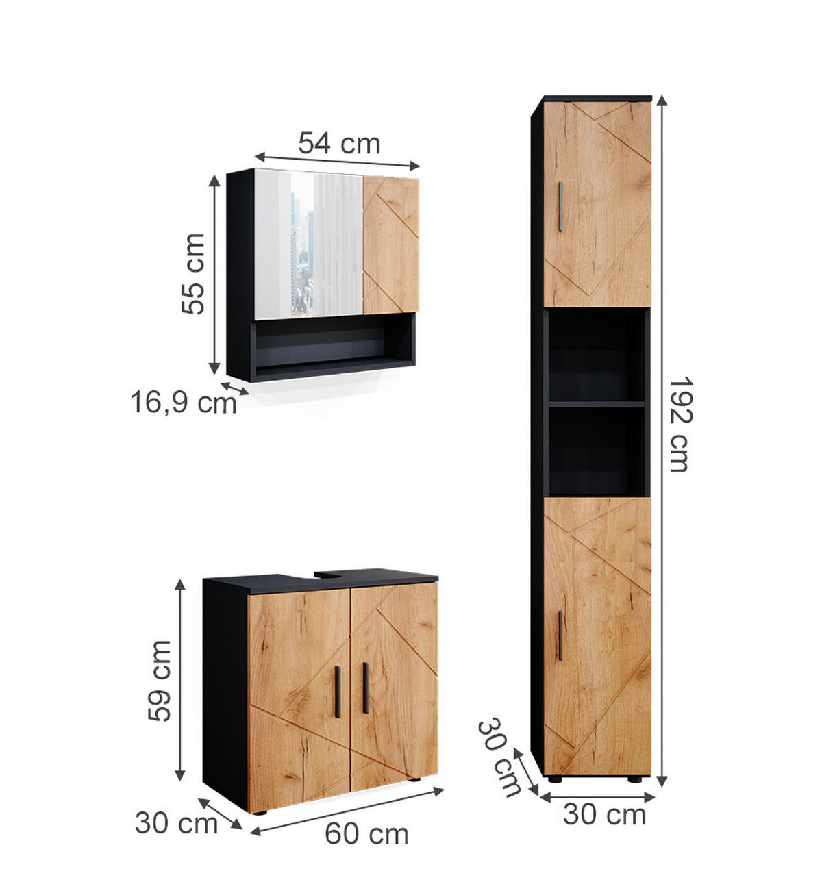 SADA NÁBYTKU DO KOUPELNY Irma Zlatý dub power/antracit - medově dubová/antracitová, kompozitní dřevo (80/58.6/41cm) - Vicco