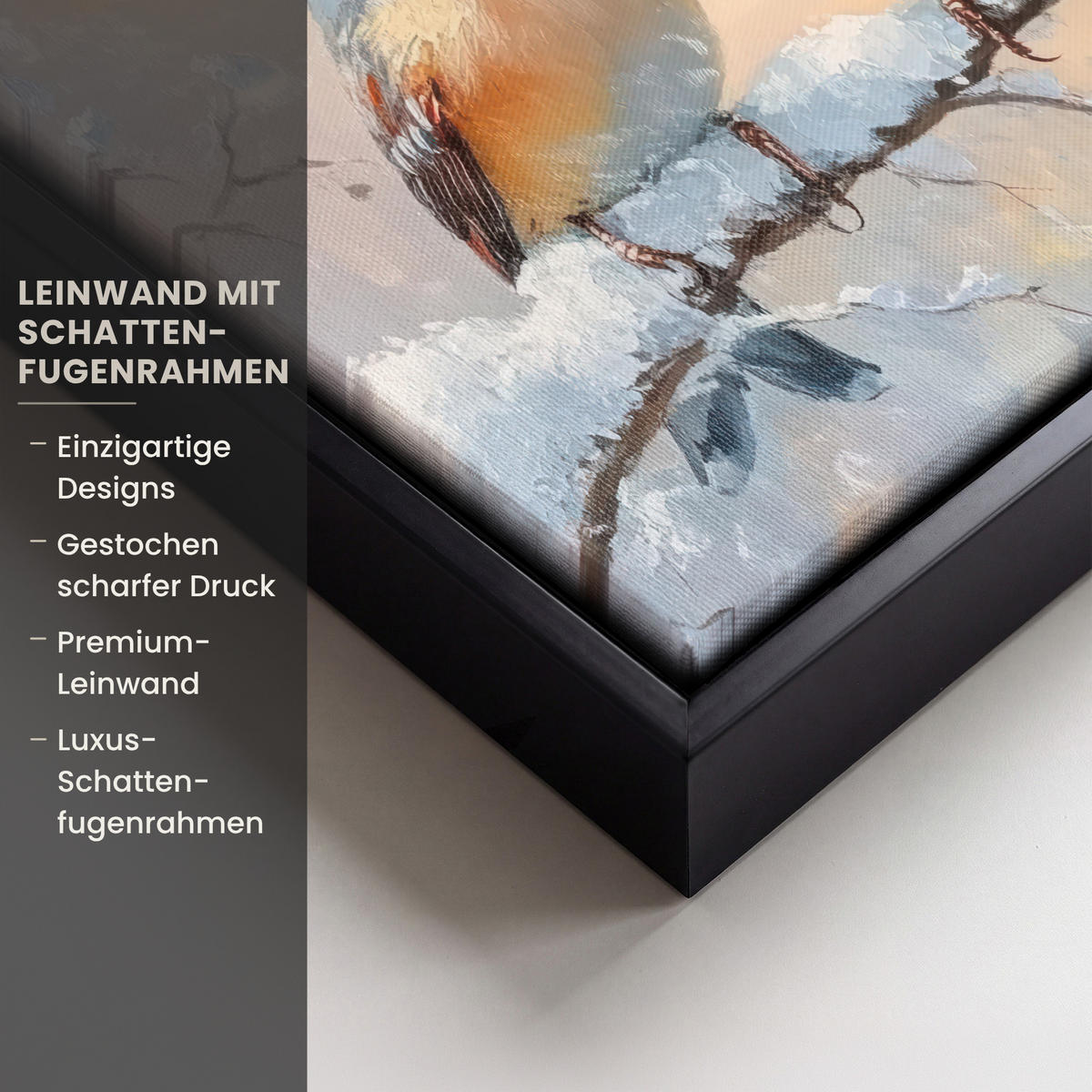 LEINWAND Bilder mit Rahmen - Vögel - Zweig - Winter - Schnee - 20x20 - Pastellblau, Textil (20/20cm) - MuchoWow