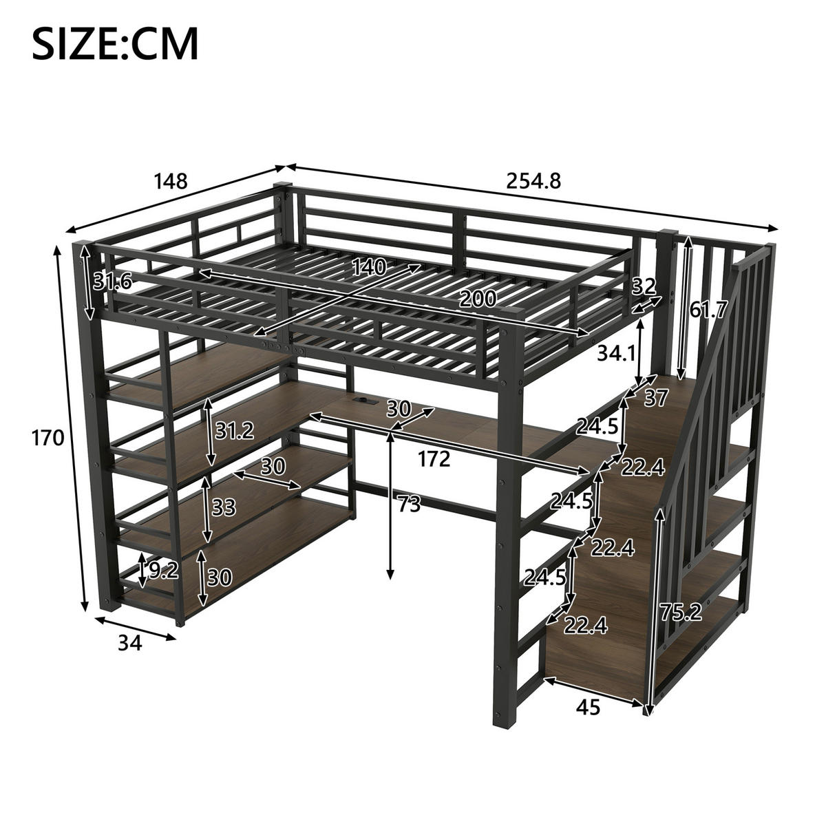 VYSOKÁ postel 140/200 cm se schody, psacím stolem, policemi, USB a LED osvětlením, Černá - černá, kompozitní dřevo (140/200cm) - Redom