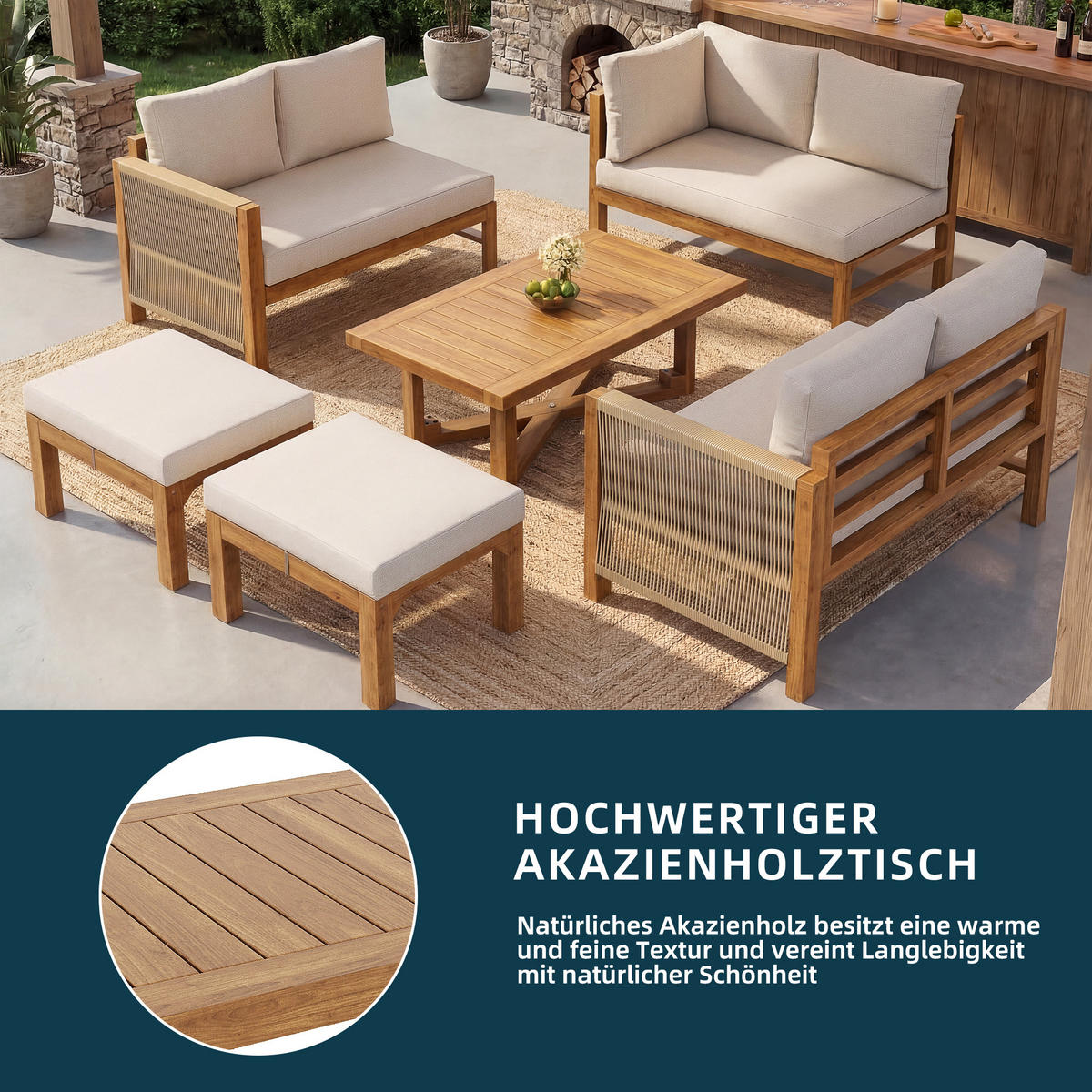 LOUNGESET 227/175/67 cm beige aus Akazienholz modular mit Kissen - Beige, Holzwerkstoff - OKWISH
