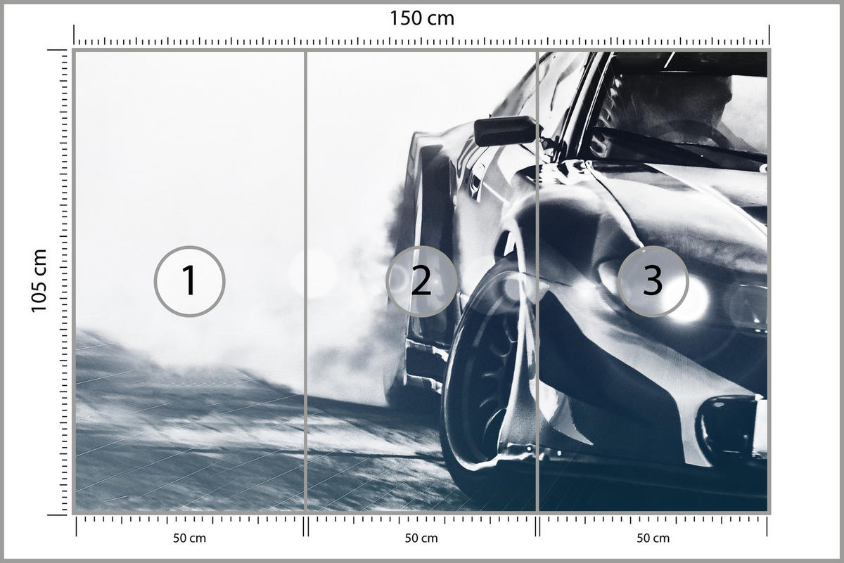 FOTOTAPETE für Jugendzimmer Drift Sportwagen Action 150x105 - Schwarz/Weiß, Papier (150/105cm) - Muralo
