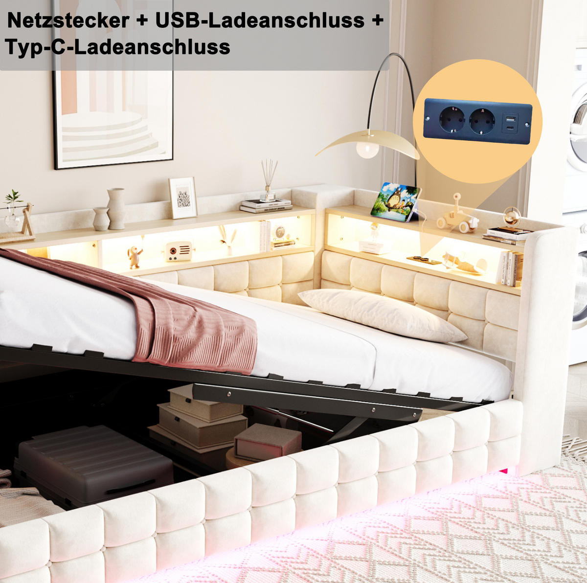ČALOUNĚNÁ postel 90/200 cm s hydraulickým úložným prostorem, LED osvětlením, USB a USB-C, sametová, Béžová - béžová, textil (90/200cm) - Redom