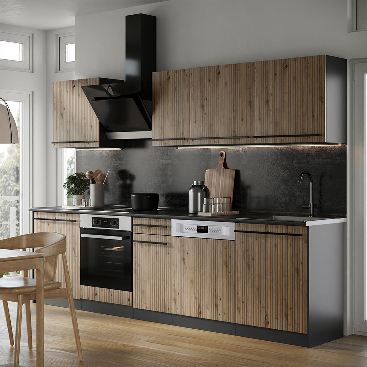KÜCHENZEILE R-Line, Artisan-Eiche/Anthrazit, 280 cm Arbeitsplatte Anthrazit - Anthrazit/Eiche Artisan, Holzwerkstoff (280/206.8/60cm) - Vicco