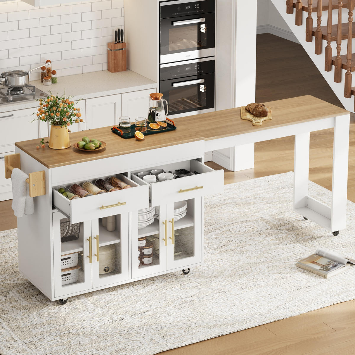 KÜCHENINSEL in Weiß und Naturfarben mit Rollen und ausziehbarer Tischplatte für Esszimmer, B132,5-217/T50/H93 cm - Weiß, Holzwerkstoff/Metall (217/93/50cm) - STILVORA