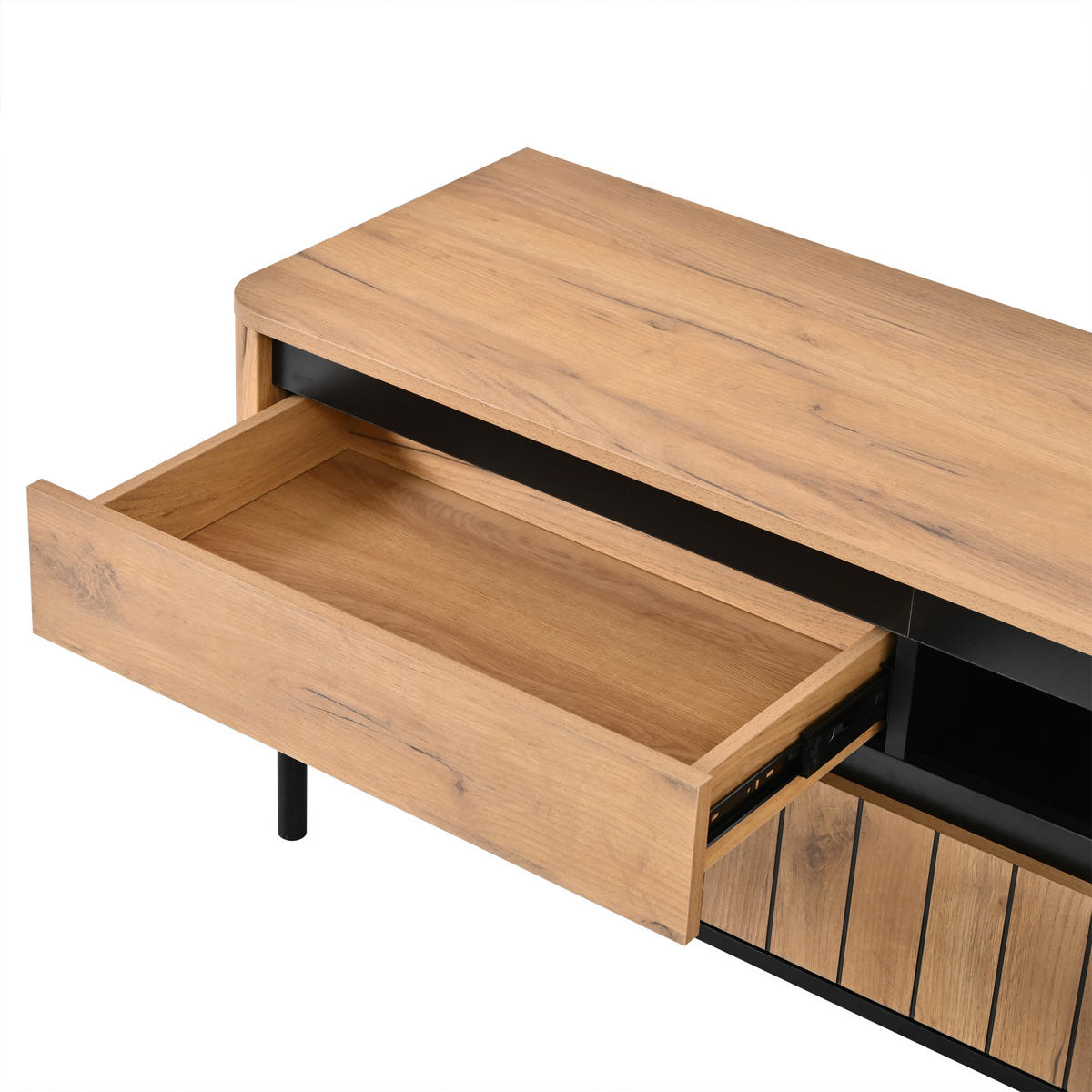 TV‑LOWBOARD in Eichenoptik mit Lamellenfront und Metallfüßen 180 × 40 × 52 cm - Eichefarben, Holzwerkstoff (180/52/40cm) - Luhomfu