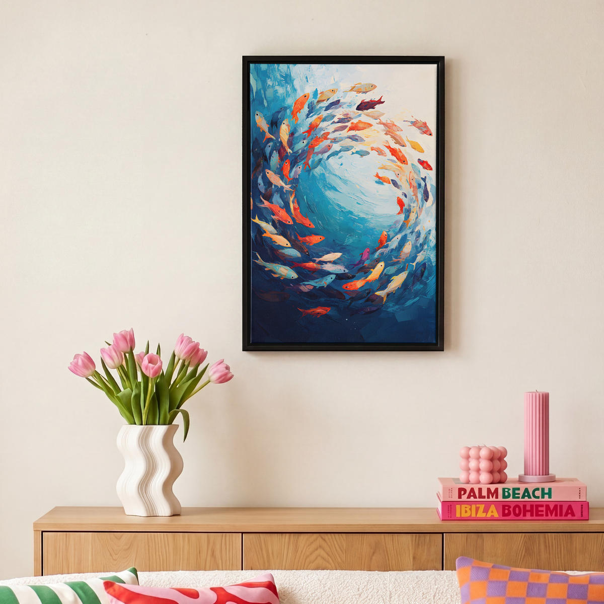 LEINWAND Bilder mit Rahmen - Meer - Fische - Bunt - Dynamisch - 20x30 - Hellblau, Textil (20/30cm) - MuchoWow