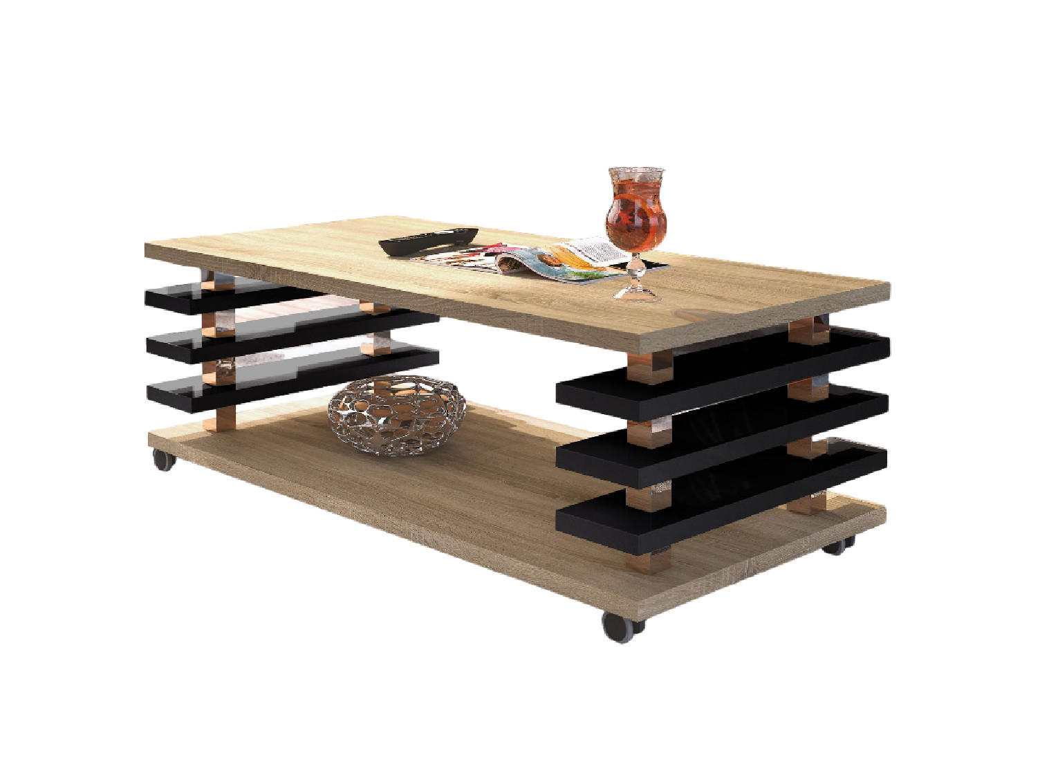 COUCHTISCH rechteckig Sonoma Eiche - Schwarz Hochglanz Ablage Rollen - Schwarz Hochglanz/Sonoma Eiche, Holzwerkstoff (60/120/45cm) - designimpex