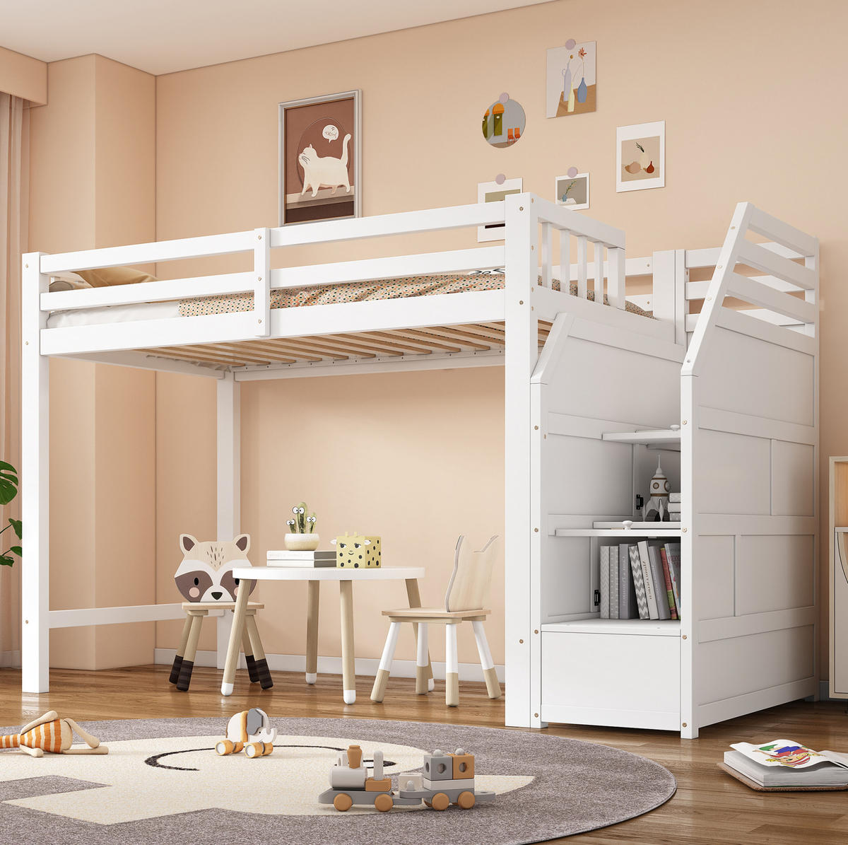 HOCHBETT 90/200 cm, Weiß mit Geländer und verstaubaren Stufen - Weiß, Holz (90/200cm) - MIVRAY