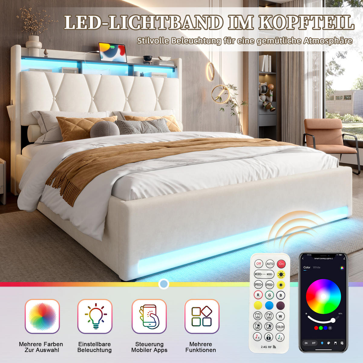 ČALOUNĚNÁ POSTEL samet béžový 160x200 cm s LED osvětlením, USB-C a úložným prostorem v čele postele - béžová, textil (160/200cm) - Urban Meuble