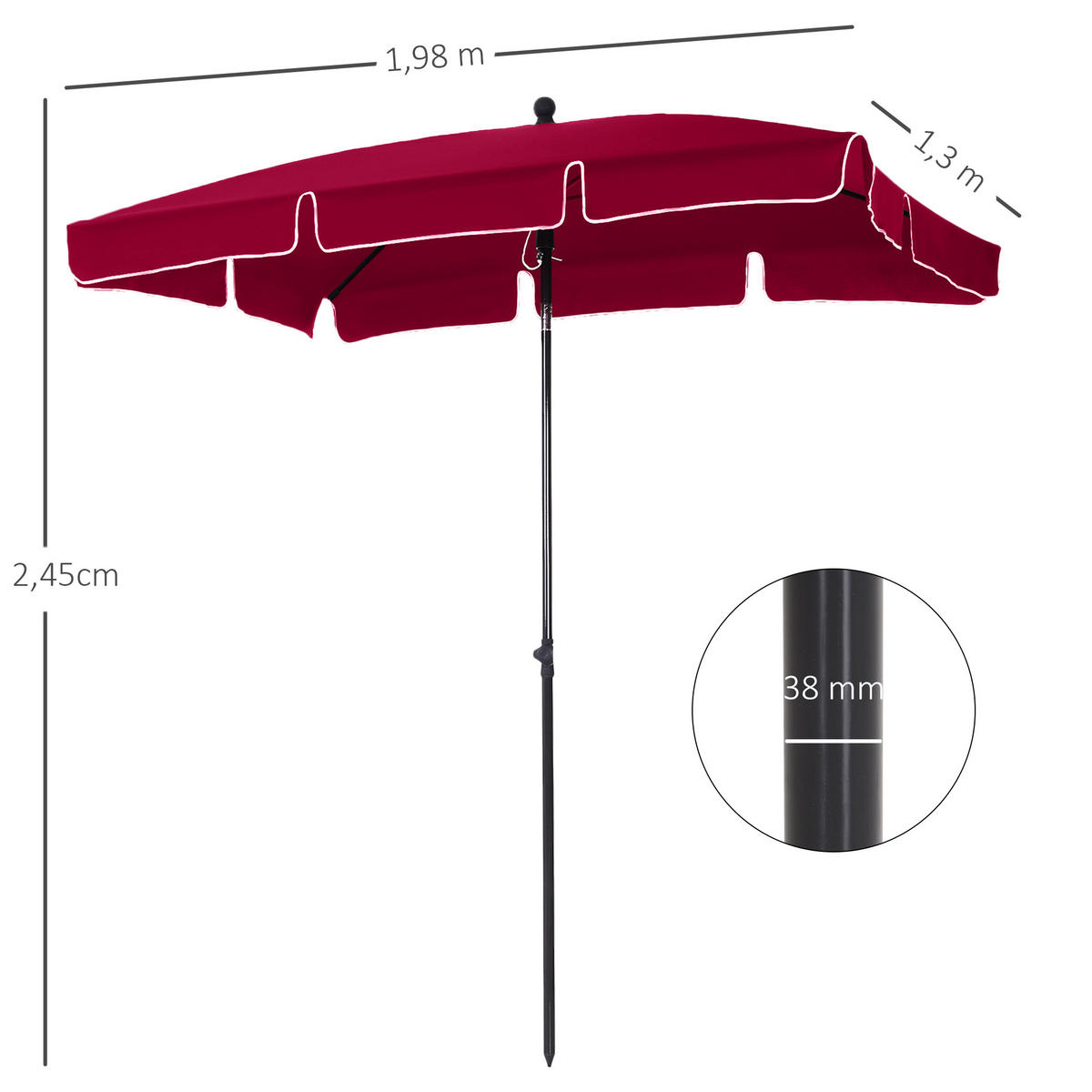 SONNENSCHIRM DE-11354 rechteckig, neigbar, 2 x 1,3 m Rot - Rot, Metall (130/198cm) - ComfortXL