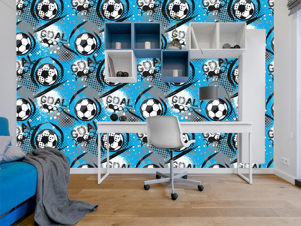 VLIESTAPETE Fußball-Comic – Blau, Schwarz, Weiß – 50x1000 cm - Blau/Schwarz, Papier (50/1000cm) - Muralo