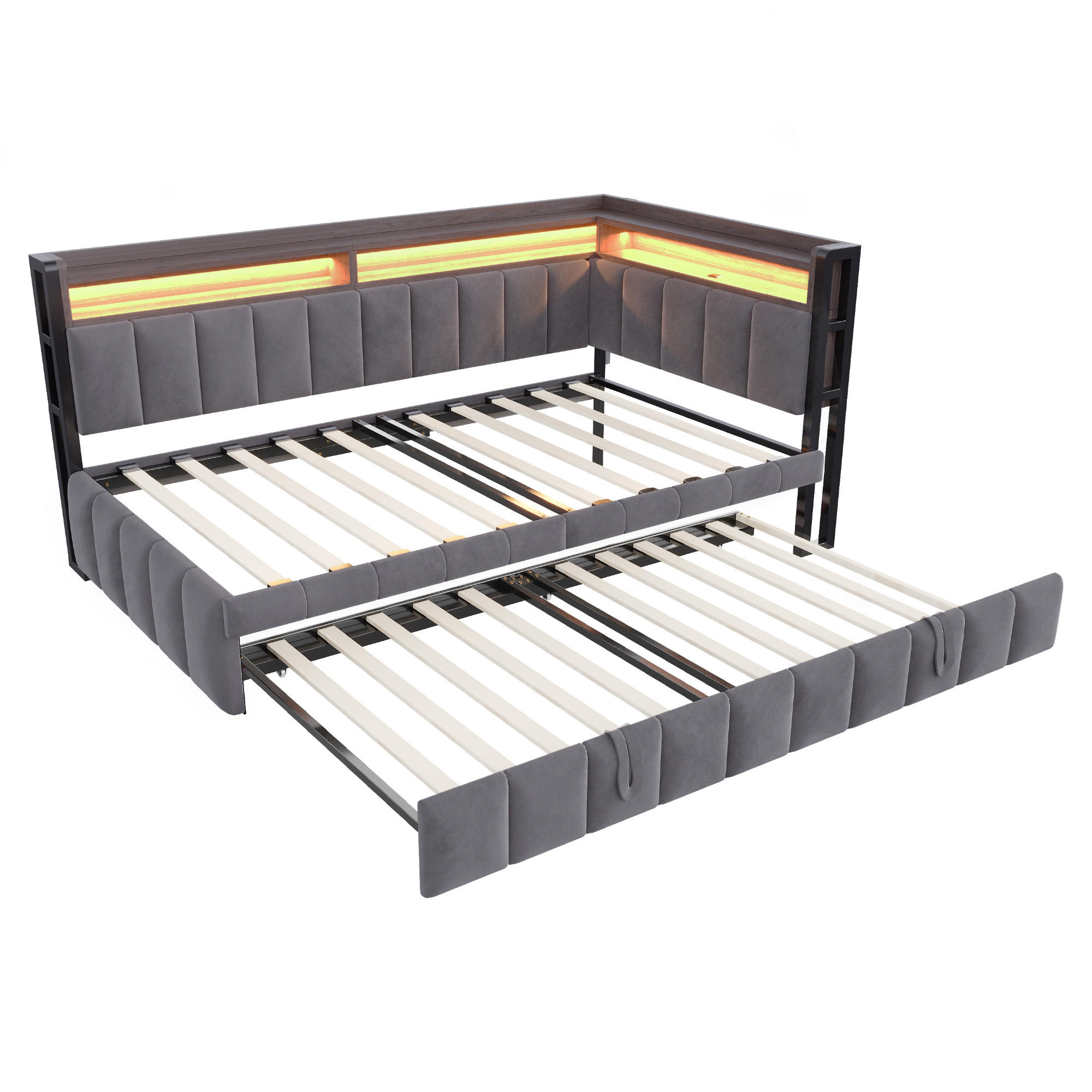 AUSZIEHBETT 90/200 cm ausziehbar mit LED und USB, DE-41717, in Dunkelgrau - Grau, Metall (90/200cm) - ComfortXL