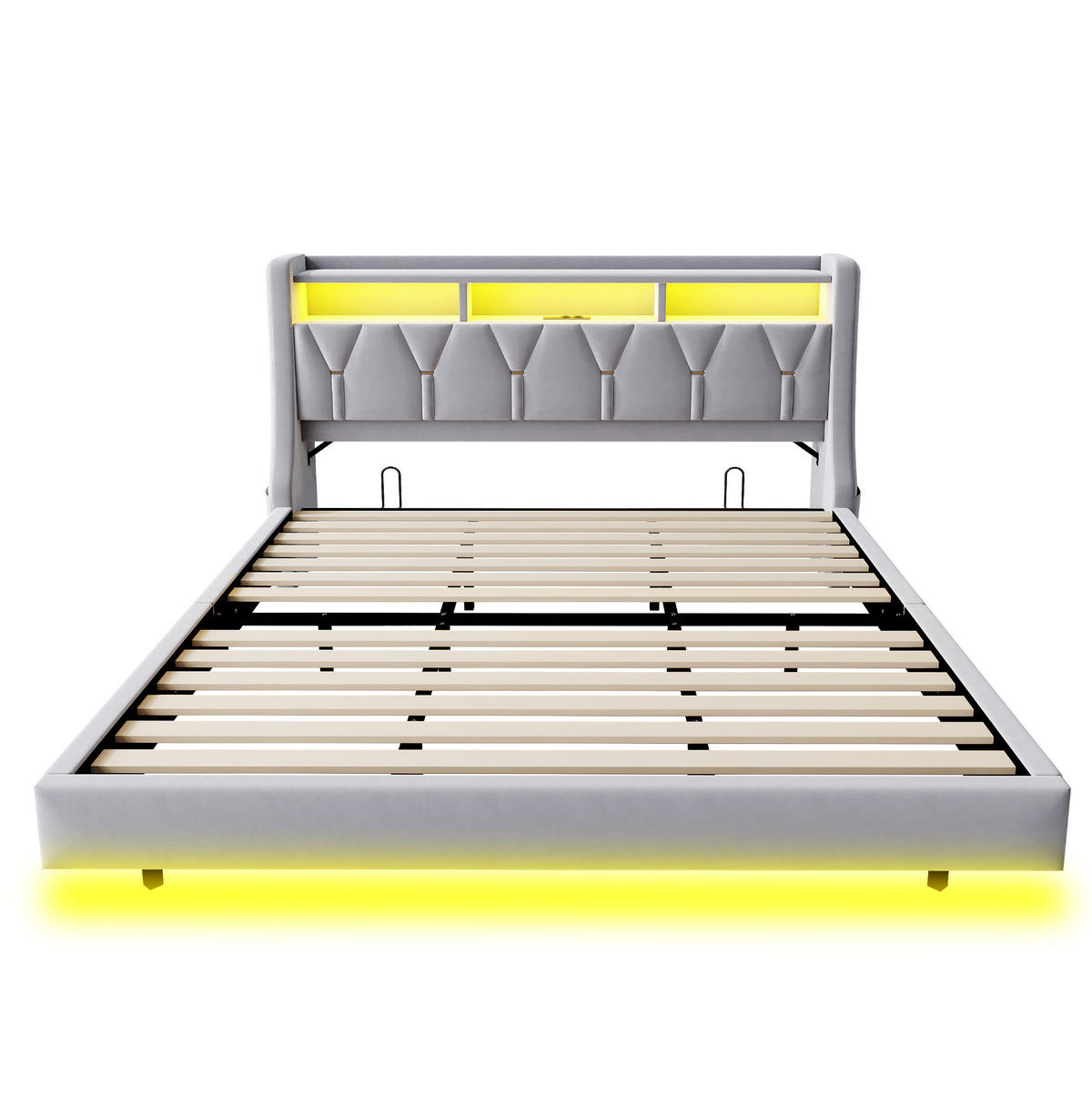 TAPECIRANI krevet 180/200 cm s LED osvjetljenjem, USB i Type-C priključcima te sklopivim uzglavljem, Svijetlosiva - siva, tekstil (180/200cm) - Redom