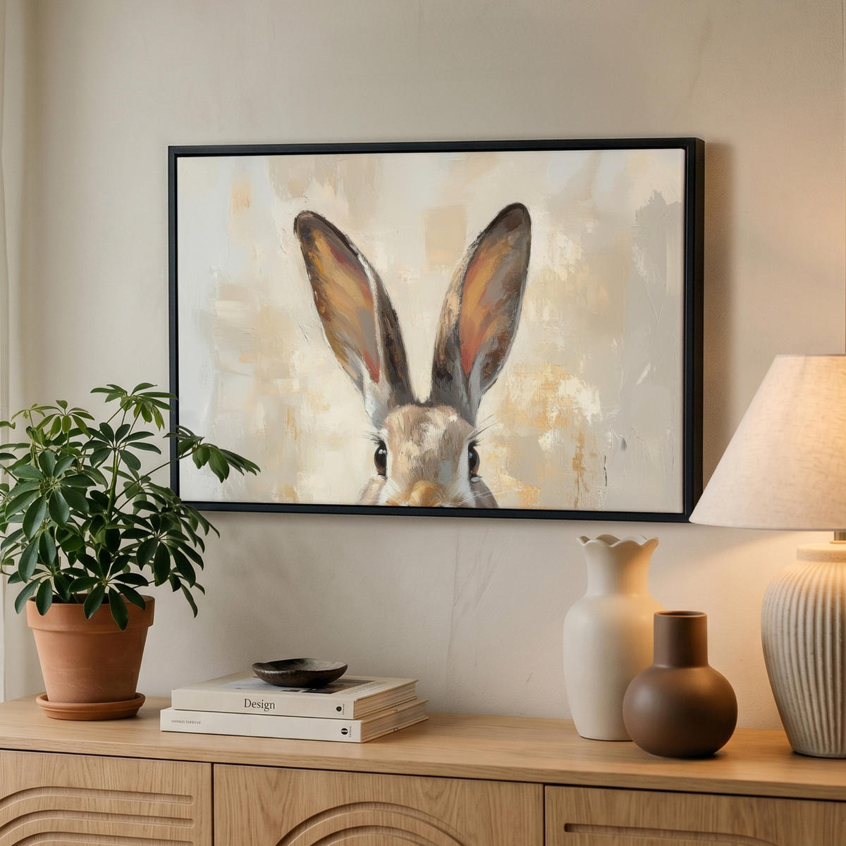 LEINWAND Bilder mit Rahmen - Hase - Ohren - Braun - 60x40 - Beige, Textil (60/40cm) - MuchoWow
